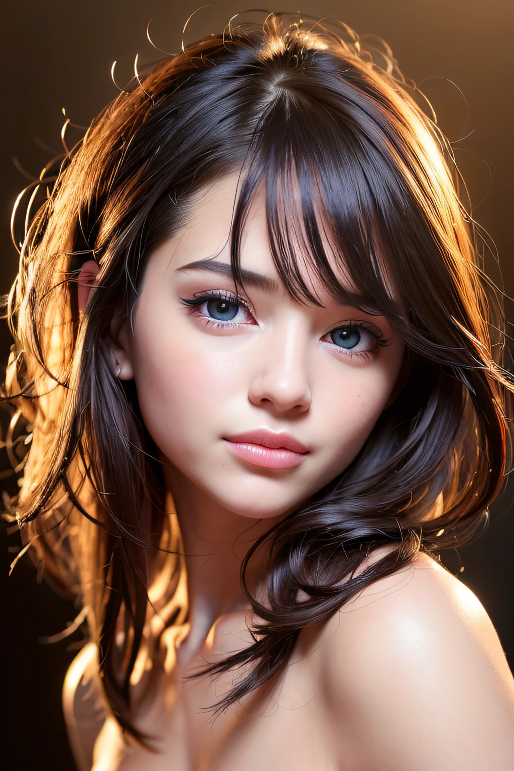 (realistic, photo-realistic:1.37),(8k, RAW photo, best quality, masterpiece:1.2), cute, ultra-detailed,heart-shaped pupils,physically-based rendering, ultra high res, kodakvision color, shot on Arricam LT Camera, bokeh, sharp focus,
looking at viewer,photorealistic,realistic, solo, photorealistic, best quality,extremely detailed face,extremely detailed eyes and face, beautiful detailed eyes,absurdres, incredibly absurdres,haunting smile,Messy hair, floating hair, ,