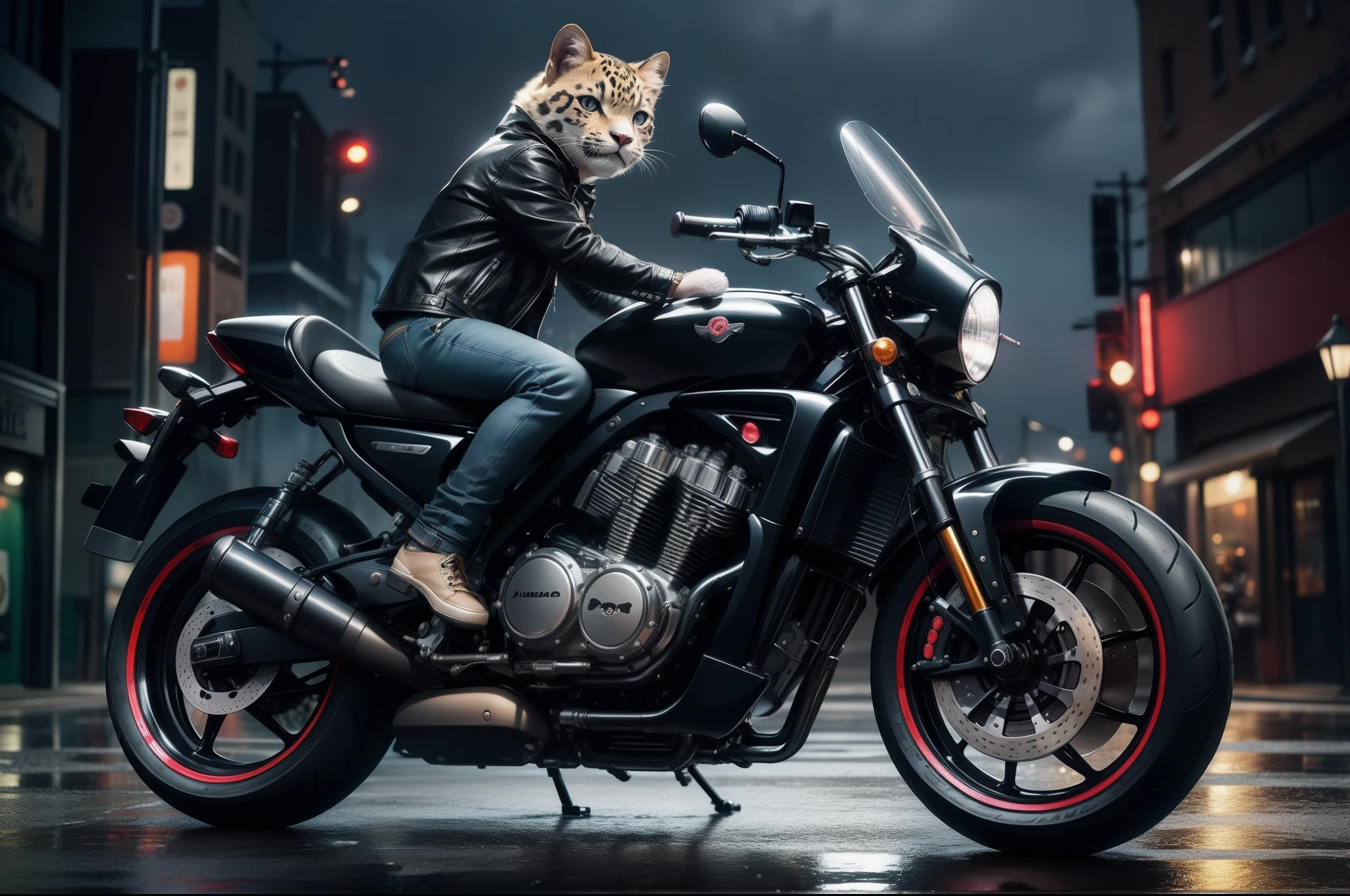 A cute kawaii baby jaguar animal dressed in rocker style, black leather jacket, jeans, next to a high end motorcycle, modern city as background, rainy night, dramatic illumination, hiper detailed, high resolution, masterpiece, photorealistic.