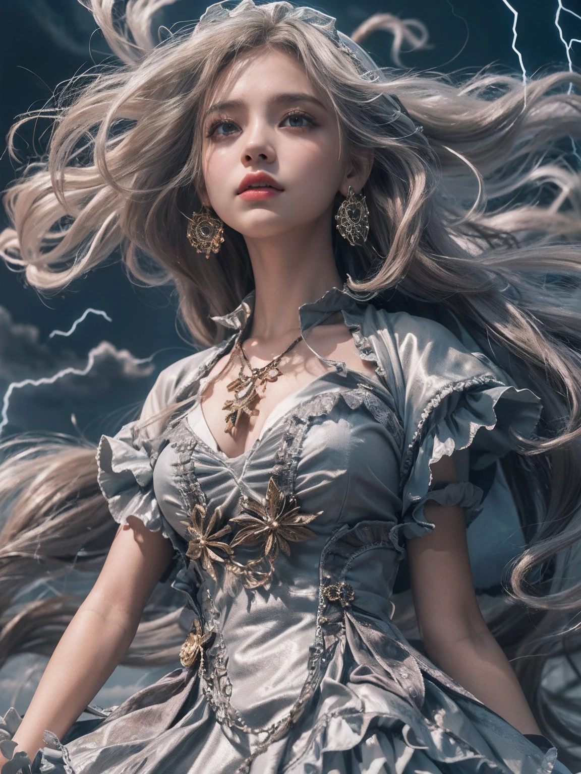 masutepiece,offcial art, Unity 8k wallpaper, Ultra detailed, Beautiful and aesthetic, Beautiful, Masterpiece, Best quality, (zentangle, mandalas, Tangled, entangle), 8K,((Focus on the thighs)),High resolution whole body, surrealism, Cinematic lighting, god light,Layered processing (HD layers, People layer, Background image layer),f/4.0, kanon,(The face is super clear),hugefilesize,Shiny skin,Detailed skin,Detailed face, Detailed eyes, Goddess of the Storm,(ta dress miniskirt:1.5), At the top of a huge canyon, (The wind was blowing violently), Hair similar to the color of wind and lightning, nakeness, Bare chest, No top, Show off , (Storm vortex pendant, Lightning earrings, Dark clouds loom like a storm, A thunderous scene,Sky thunder and lightning scattered together),