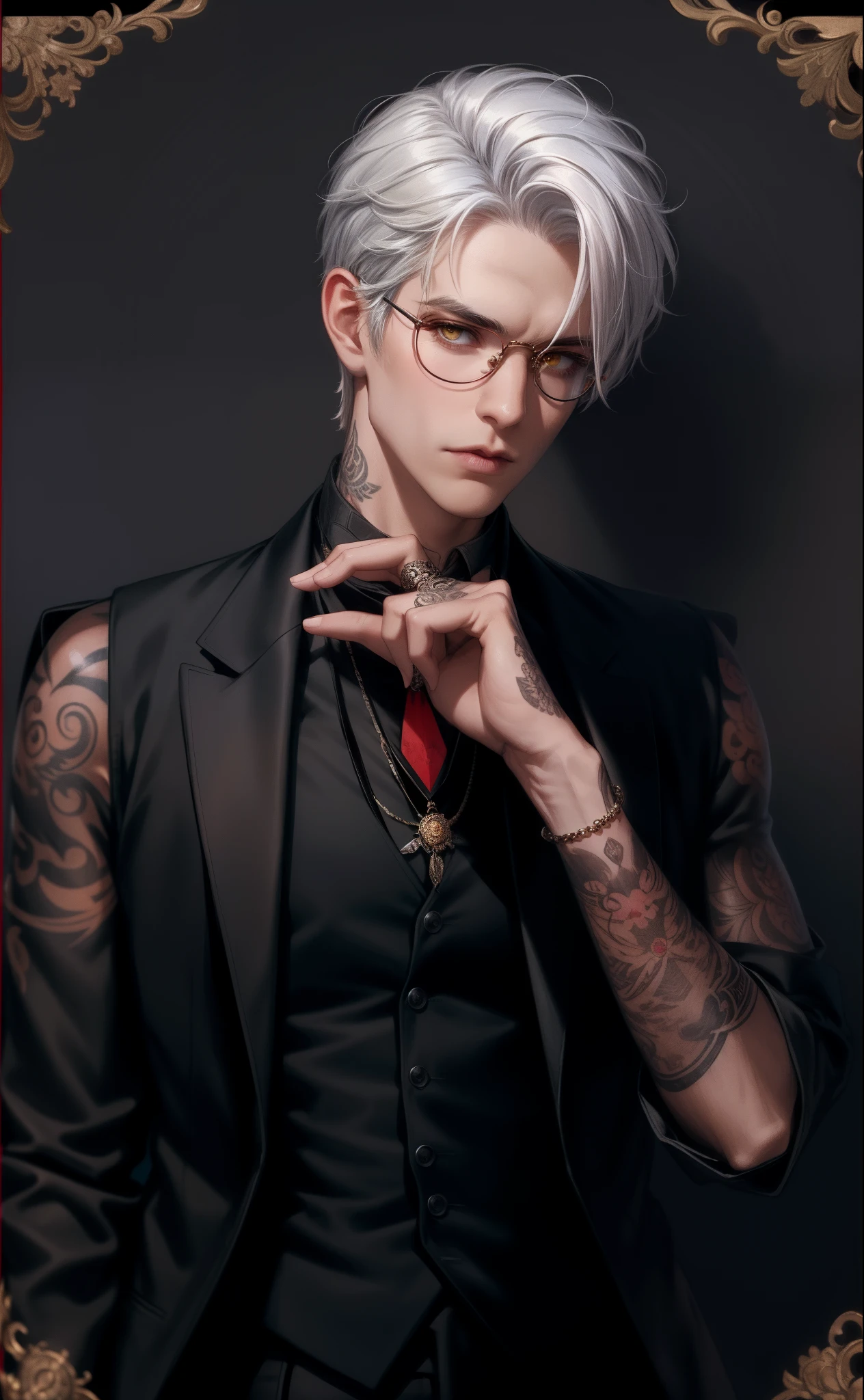 (Masterpiece,Best quality,Supergianthugebreasts_Detailed,A high resolution,absurderes),1boys, Male focus, tattoo, Solo, White hair,chain, shirt, black necktie, tiese, Simple background, Yellow eyes, Upper body, vest, Short hair, view the viewer, parted lip, Collared shirt, circle glasses, Long sleeves, neck tattoo, Put your hand on your shoulder, arm tattoos, Black shirt, Red background, Brown vest, monocle, jewelry (looks away:1.2)