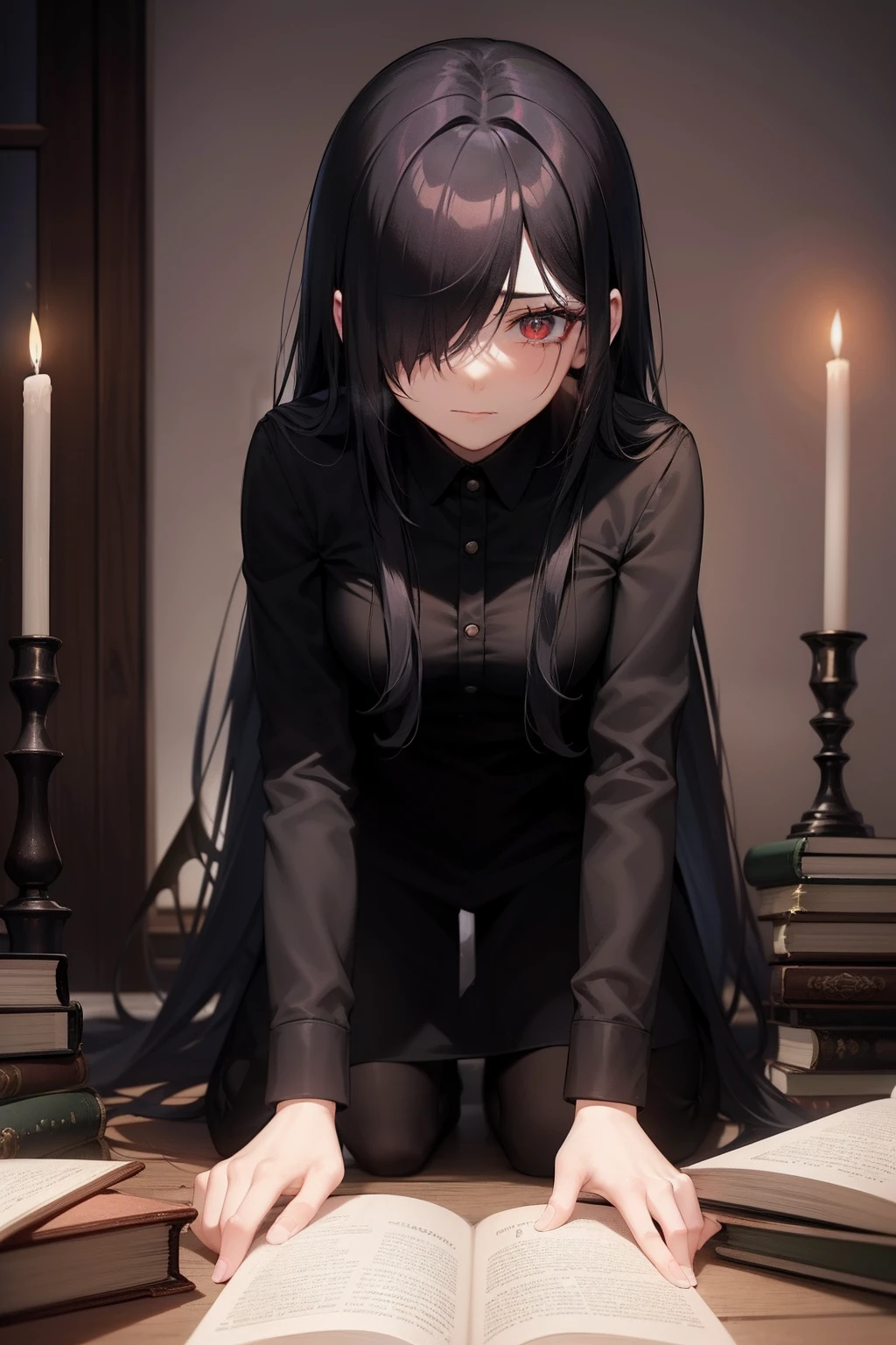 1 female, frightful, Scary, Long black hair over one eye.. , age is 18 years old, Kneel down. , book, candle, cry ,