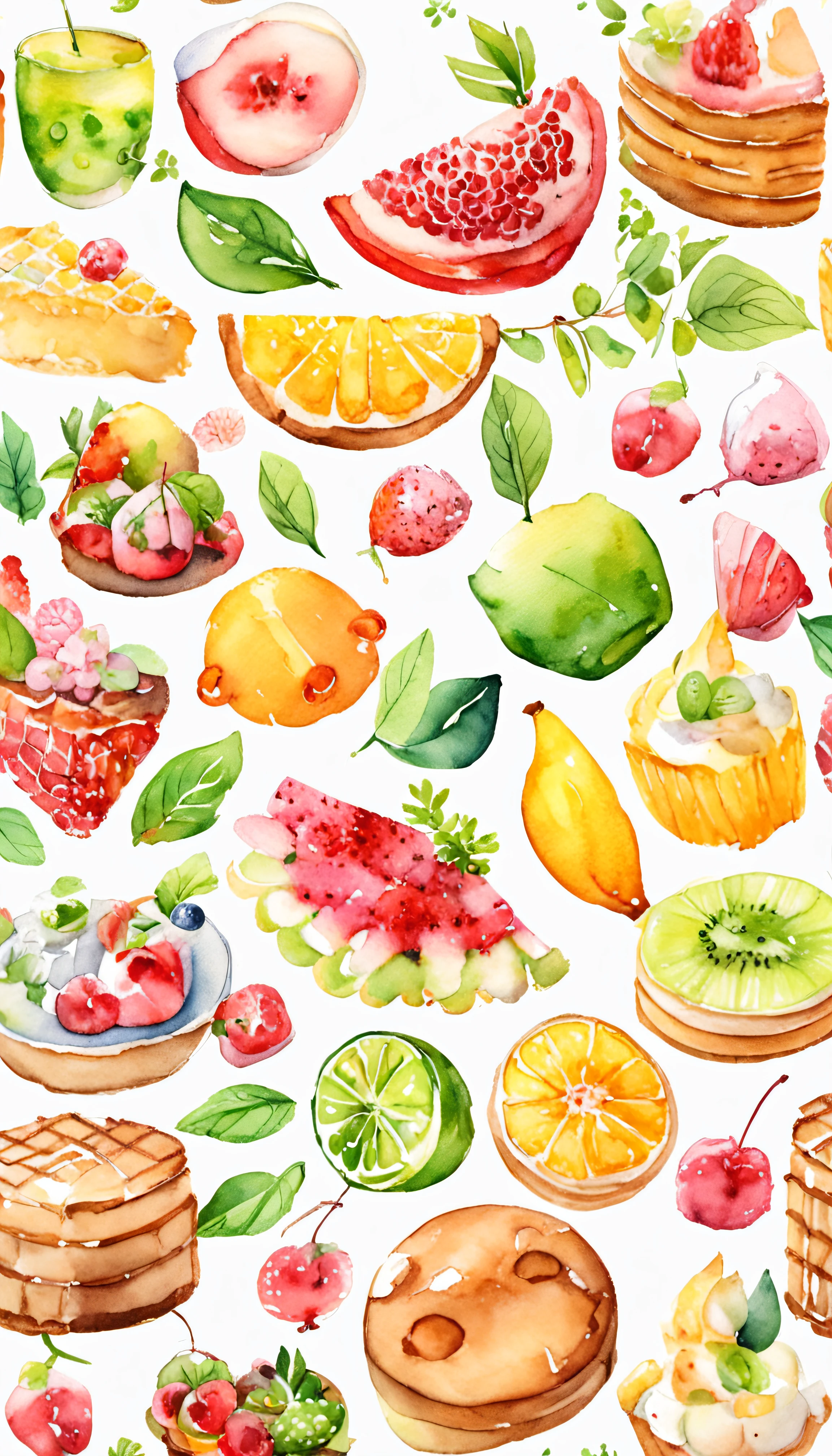 （pastelcolor:1.2)、(cute illustration:1.2)、(watercolor paiting:1.2)、white backgrounid、florals、green leaf、the fruits、tropical fruit、citric acid、acid、Sweet and sour、Light pinkish green throughout、Waffles、breads、delicacies、Cupcakes、Tiramisu、Cream cake、patisserie、high tea、dolce、Particles of Light、drinks、ice cubes、Still life photography