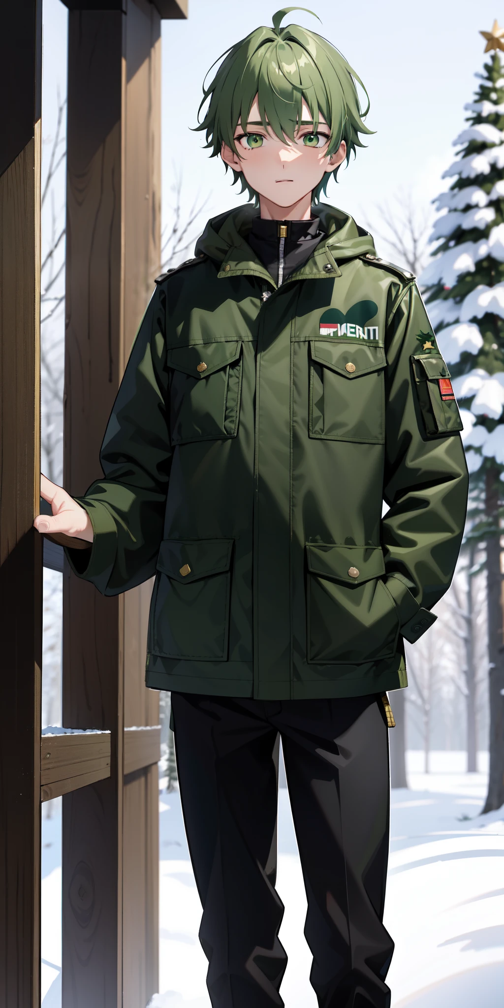 (masterpiece, best quality), 1 boy, male character, , quality face, pure green hair, light green eyes, introvert, fear on face, (scared), character releases magic green slime, camouflage jacket,  winter camouflage pants, military black-gray-white camouflage, winter sparse spruce forest in the background, small Christmas trees in the background, high quality