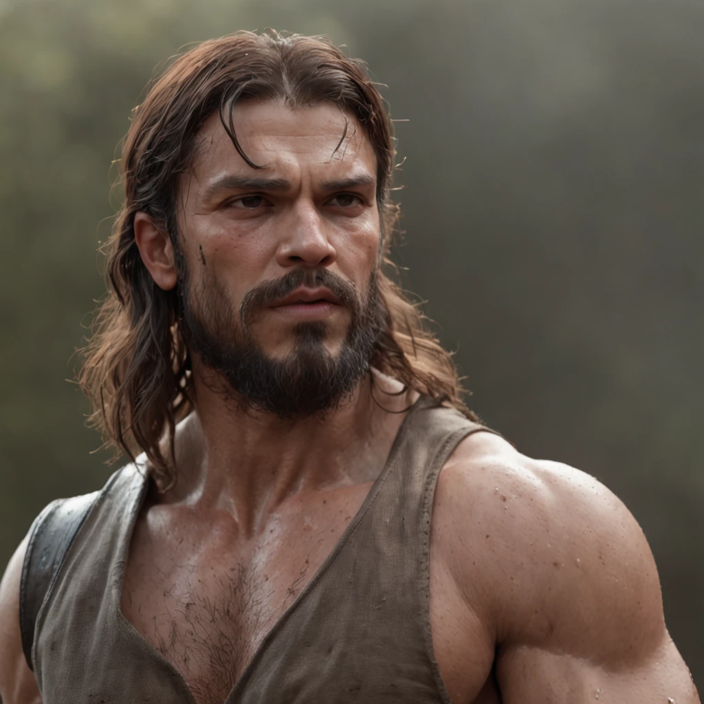 (Professional 3D rendering:1.3) de (Realistic:1.3) Foto de arte mais bonita do mundo，Features soft, bright male heroes, ((Epic hero fantasy rough muscular man wet hero angry look long hair short beard and fierce expression in dynamic pose, fantastic location, majestoso ambiente desordenado)), corpo inteiro 8k unidade render, action shot, poros da pele, very dark lighting, sombreamento pesado, circunstanciado, Rosto detalhado, (vibrante, fotogrdeia realista, Realistic, Dramatic, Escuro, foco nítido, 8k), (Old leather clothes damaged by bad weather:1.4), ((((Use peles)))), (intrincado:1.4), decadente, (altamente detalhado:1.4), pintura digital, rendering by octane, art stations, Conceito-Arte, liso, foco nítido, illustration, germe da arte, (Loish:0.23), Wlop Ilya Kuvshinov, e Greg Rutkowski e Alphonse Mucha Gracias, (global ilumination, studiolight, Light Volumetric), chuva forte, floating particles, patife, fantasia, Onze, corpo inteiroesbian, ((Fundo escuro e antigo da cidade:1.3)),CGSesociedade,art stations