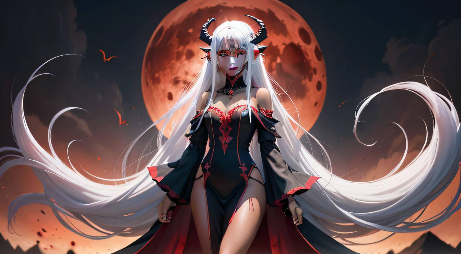 High quality, Very high resolution, ((Far Wide Shot)), Black Dragon Monster Girl、Straight hair, White hair, Very long hair,slanted eye,Smile, flat chest, deadpan,((Dark skin)) Red Black Dress, frilld, very long dress, Music Live, ((Red Moon)),flying though the air