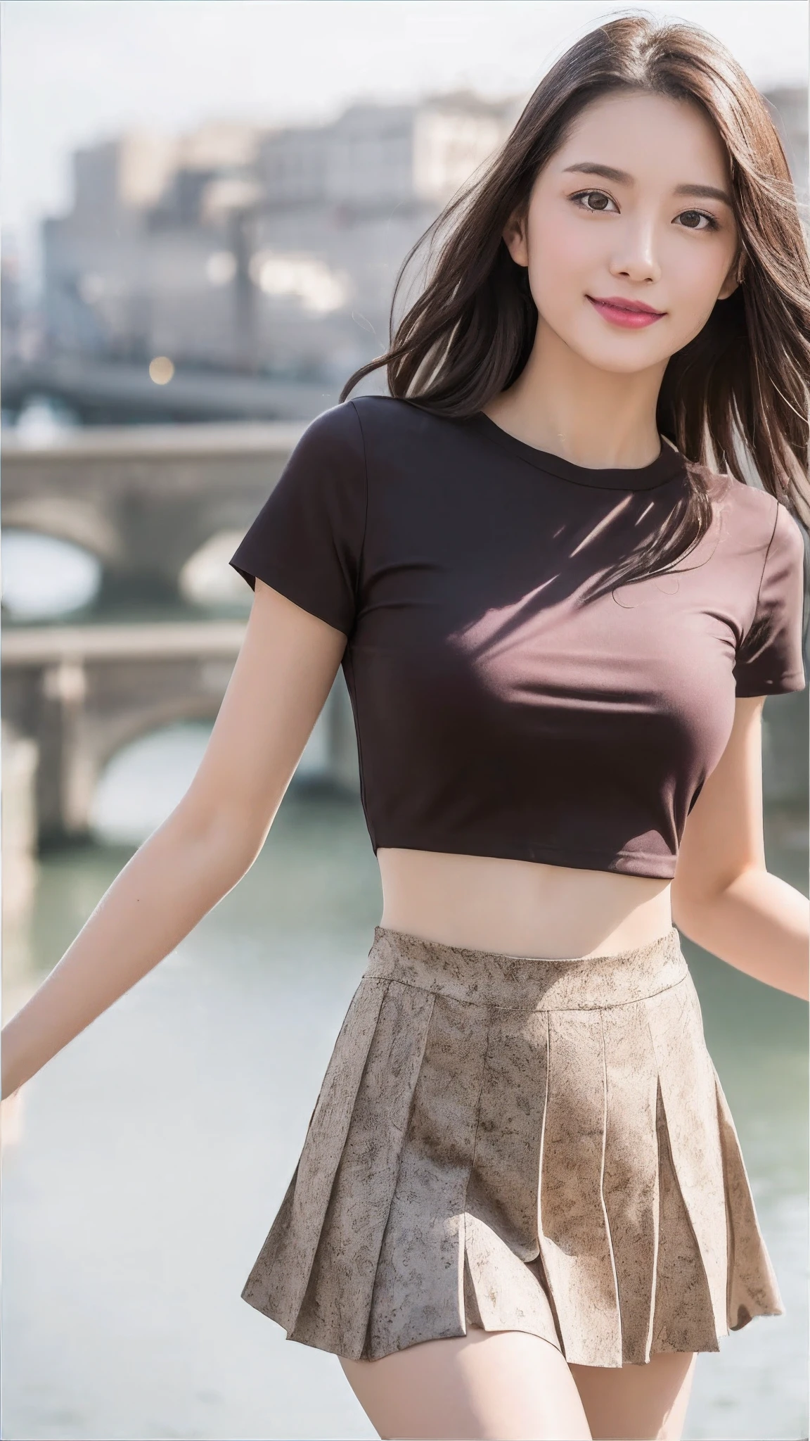 (8K, RAW photo, Photorealistic:1.25) ,( Gloss on lips,glossy finish, Glossy glossy skin, Best quality, 超A high resolution, color difference, Caustics, Wide light, naturalshadow) look with serenity and goddess-like bliss to the spectators,(depth of fields:1.6), (colorful unfocused lights on background:1.2) ,very natural make-up,Cloudy day shooting ，Large breasts，slender eyes.downcast eyes. A distant look in her eyes、（Smile:2）Smile，(Gorgeous summer dress)(Fashion professional model)、Radio City、Medium hair