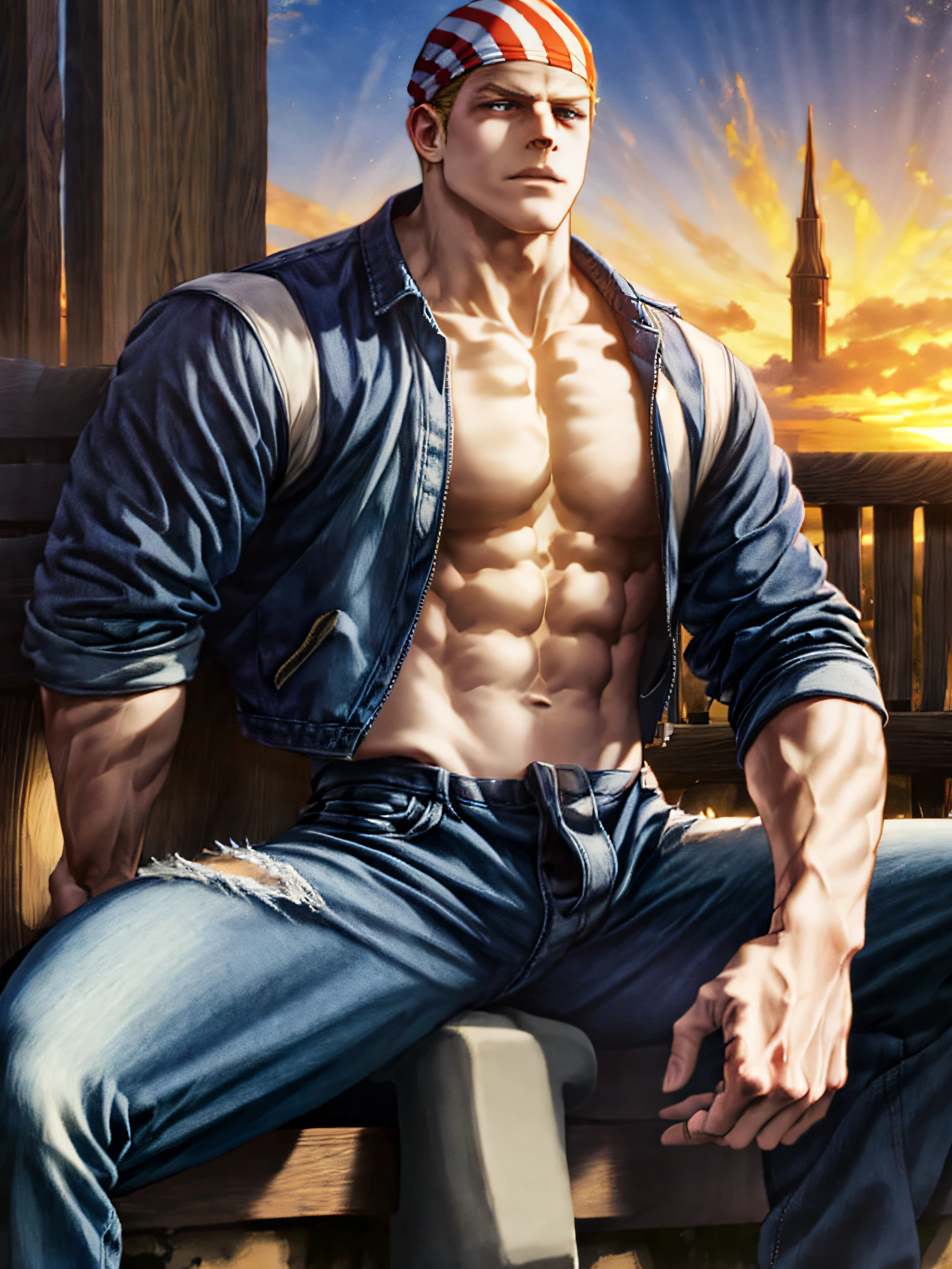 billykane,solo, 1guy, male,bandana, denim blue jacket, denim pants, muscular, bara:0.5, sunset at the park, sitting