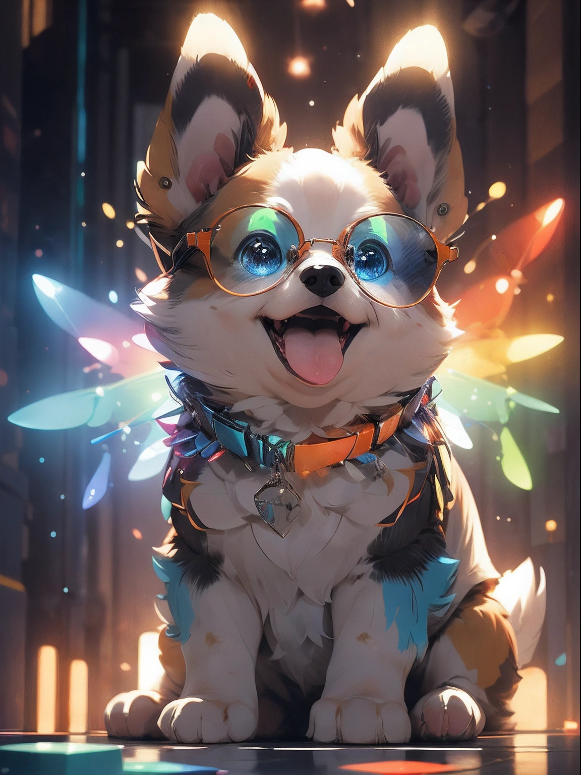 (Masterpiece:1.2, high quality),dog, cute dog, fluffy, glasses, big round eyes, full of color, splash of paints, cairn terrier, pixar,( big eyes:1.2), (happy:1.2), smile, 3d render, 8k, 4k, (colorful:1.4), orange, yellow, red, blue, green, purple, rainbow