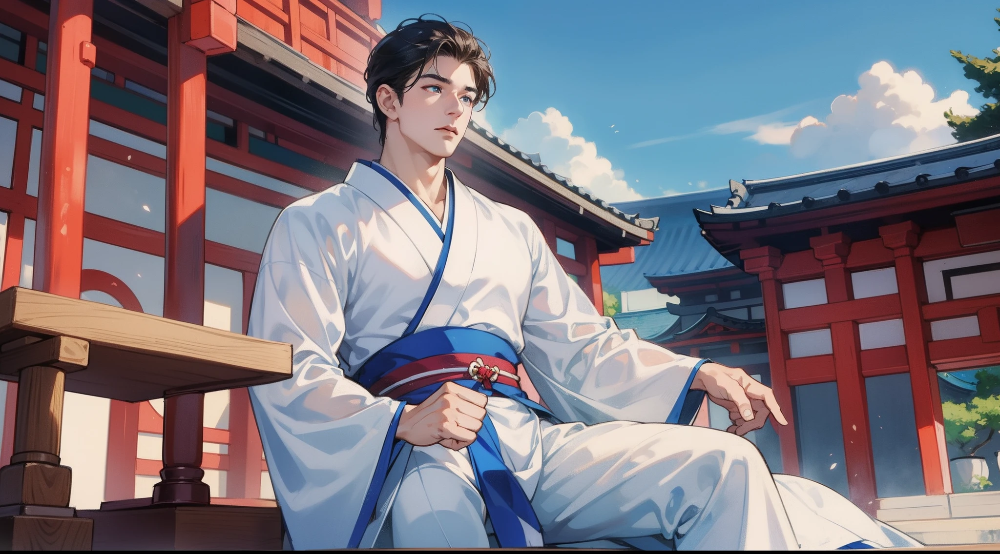 NSFW、One muscular boy、abdominals、pectoral muscles、One handsome boy、traditional Japanese costume、Style、Traditional buildings and views of the Japan、the wind、Traditional costumes、A sexy、Personal、Stylish、opulent、White and blue costume