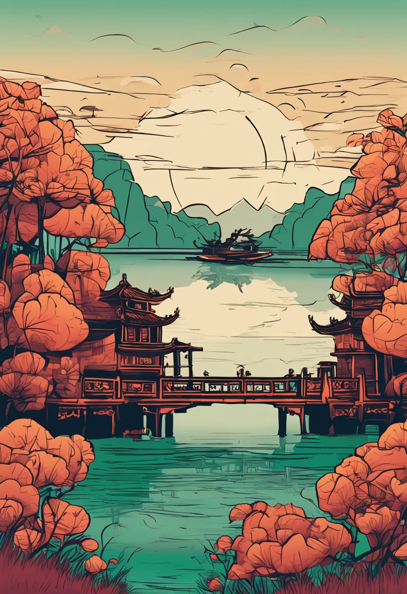 West lake，Line drawings