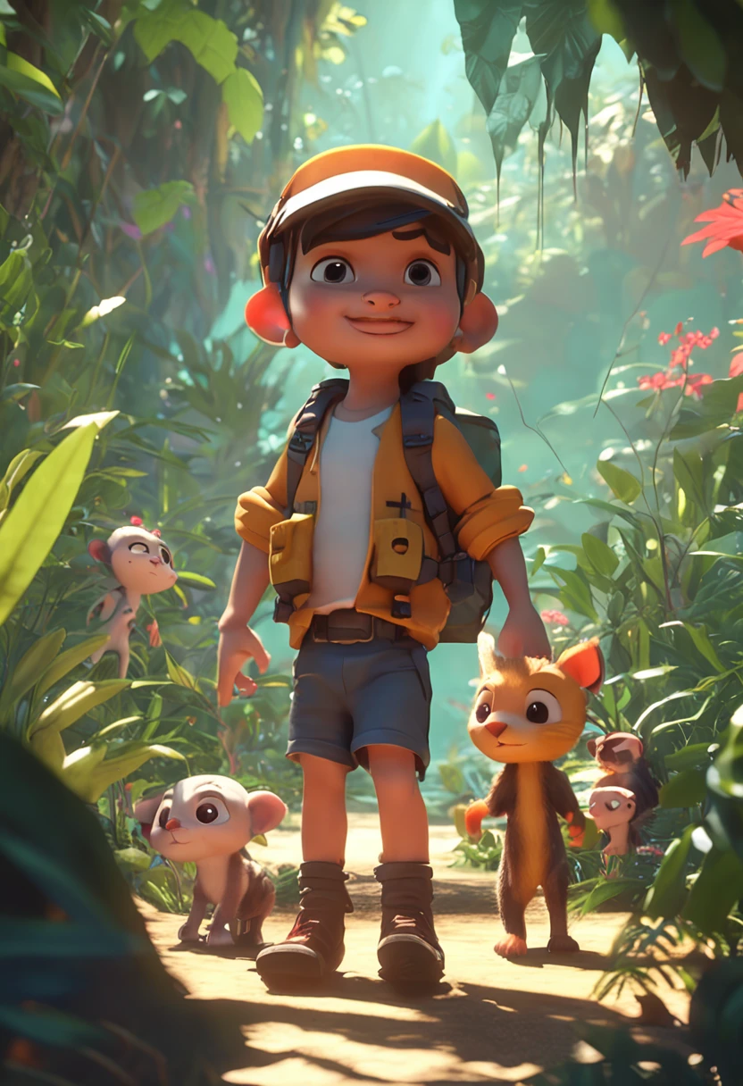 There is a poster,There are boys on it,Kizi,,fathery,mothers,,Walk in the wilderness,Jungle overgrown with flowers,Animation-style rendering,cute 3 d render,Small characters。Unreal Engine5,Stylized anime,Cute and detailed digital art,atey ghailan 8 k,Stylized 3D rendering,adventure hyper realistic render,Anime style 3D,Stylized 3D rendering