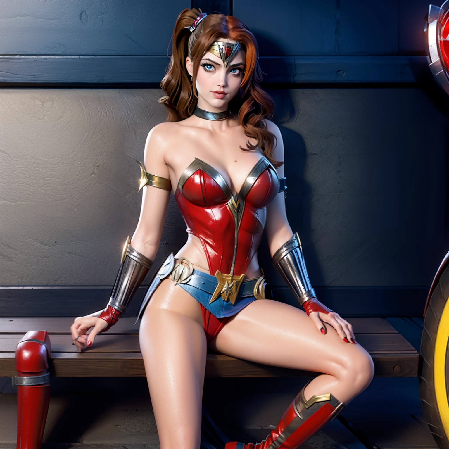 Harley Quinn merged with wonder woman, sexy, sitting on bench, metropolitan background, sexy, alluring, sensual,