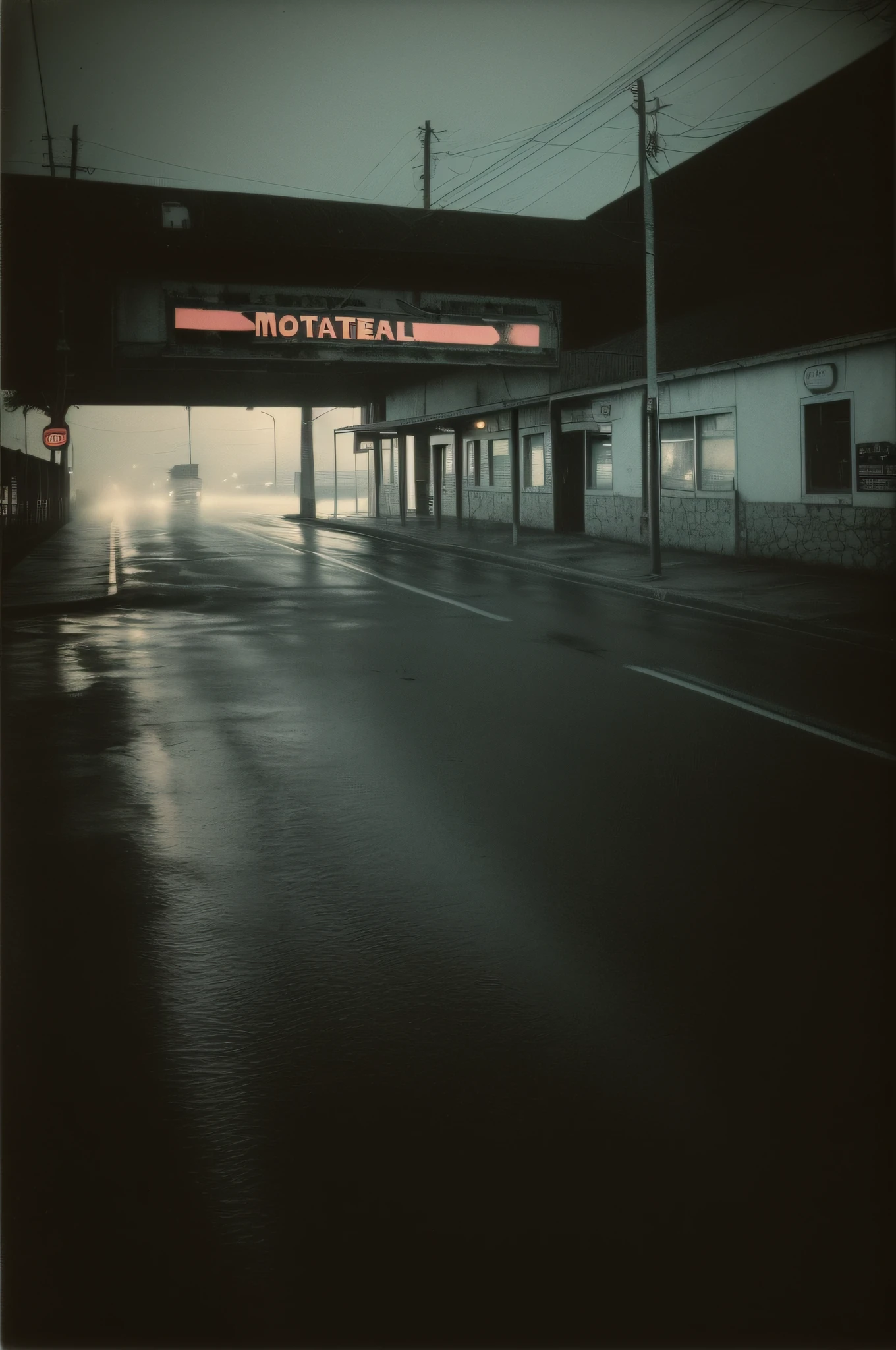 ((deep in the night、mid night、early dawn))、((No person、with no people、unmanned))、((Motel Area、Motels in line、Less light、streetlights、Sateen、reflection、Haze))、((Nostalgic but unsettling photos、Images in a dream、In a dream、image、horor))、((Grainy photo、Film Touch、color photograph、color))、,Wide Shot, ultra wide-angle,