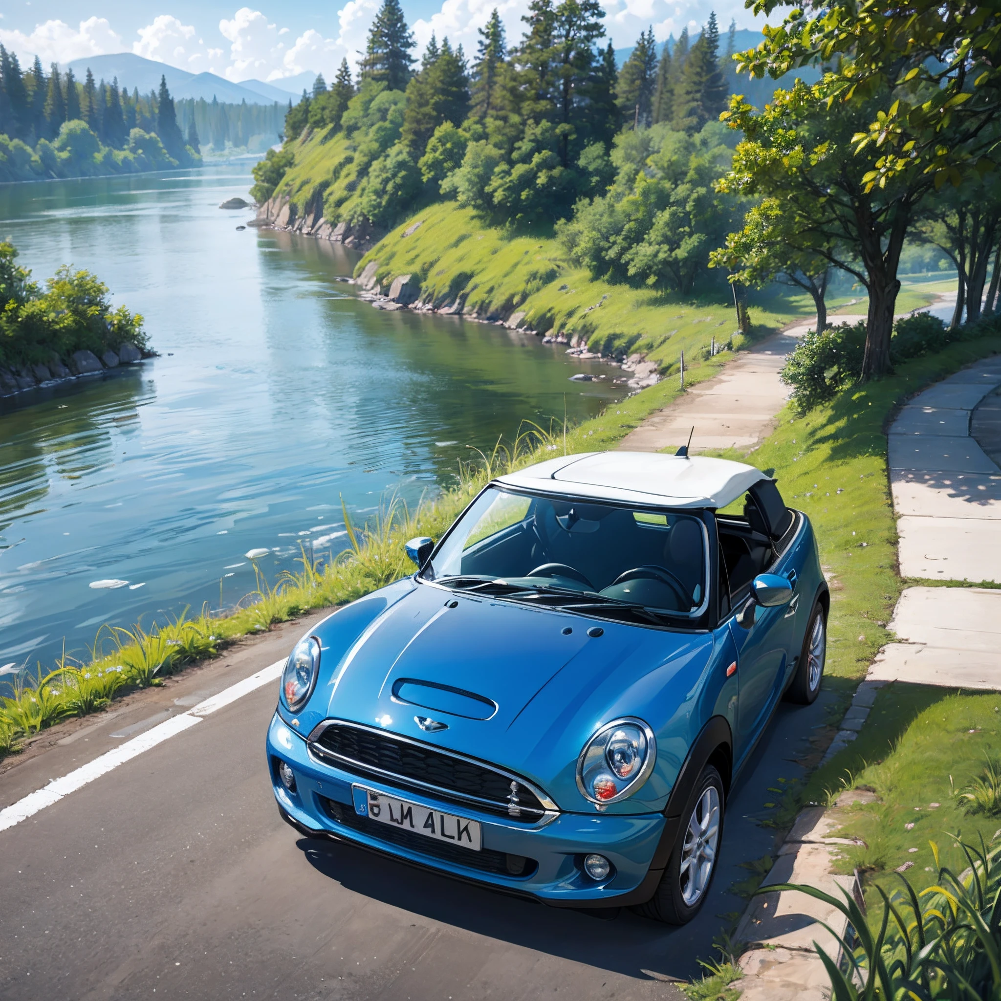 Convertible Mini Cooper S with Riverbank and Girl