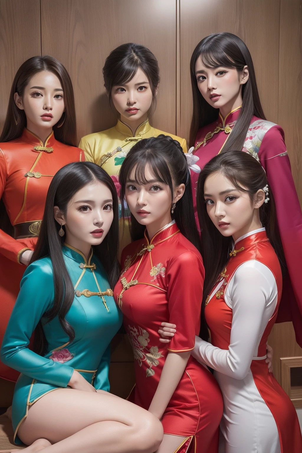 Outrageous resolution、hight resolution、(masterpiece:1.4)、ultra-detailliert、Crisp details、Dramatic and photorealistic pictorial art、Super Sentai Series、All in cheongsam(reddish、verdant、A black、amarelo、pink there、Fivesome)Righteous heroes、