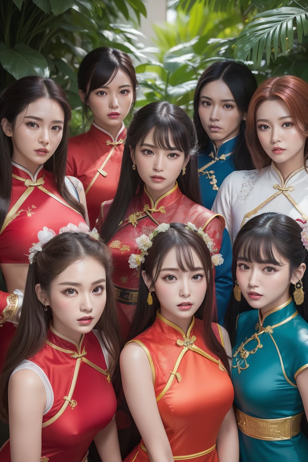 Outrageous resolution、hight resolution、(masterpiece:1.4)、ultra-detailliert、Crisp details、Dramatic and photorealistic pictorial art、Super Sentai Series、All in cheongsam(reddish、verdant、A black、amarelo、pink there、Fivesome)Righteous heroes、