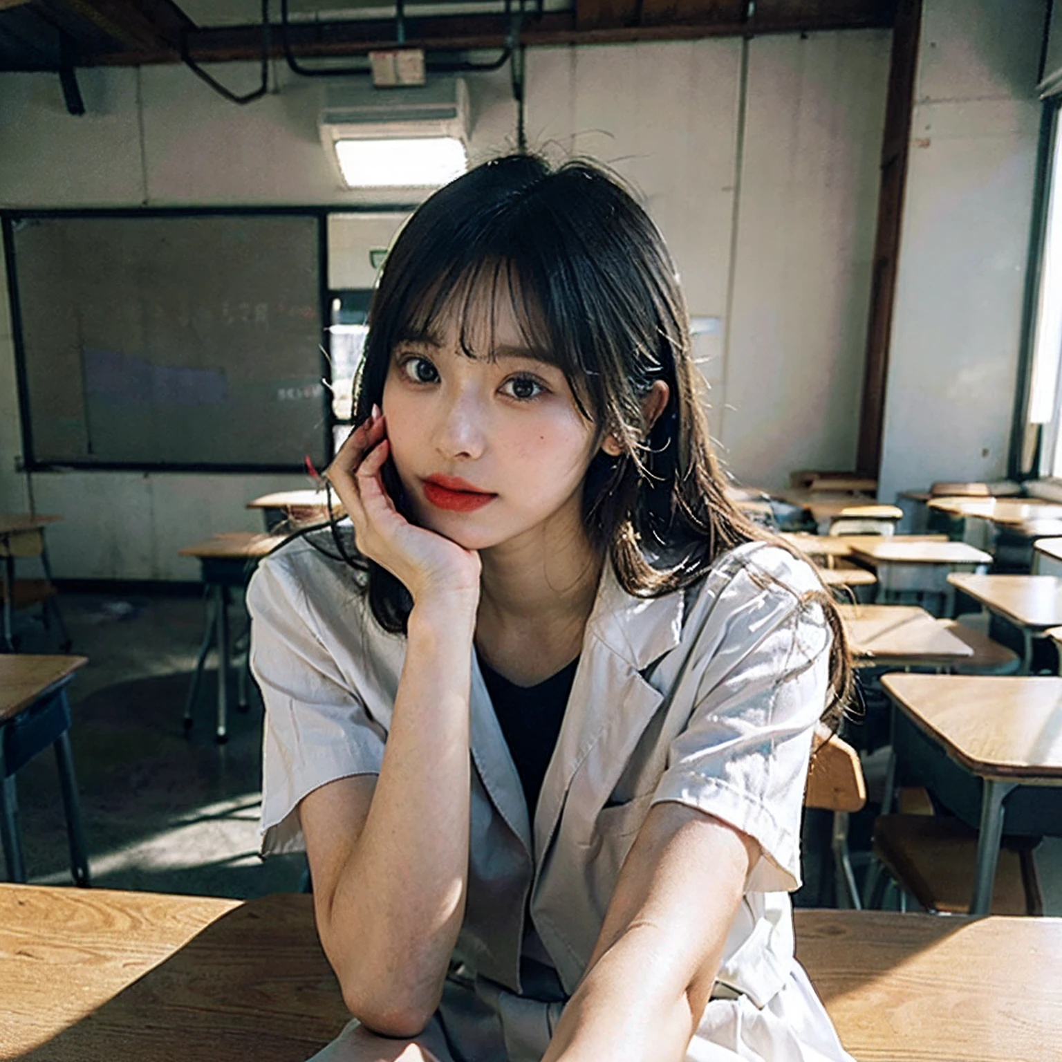 (full bodyesbian:1.5)，(1girll:1.3),(view the viewer:1.4)，(anatomy correct:1.4),(Sit on a podium in a spacious classroom:1.2),(Wear a Japanese-style school uniform:1.2),（Superskirt），( Girls shallow mouth over high heels :1.1)（Bare toes）,(Accurate and perfect face:1.3),(Long legs:1.3),hyper HD, Ray traching, reflective light， structurally correct, Award-Awarded, High detail, Fade shadow contrast, Face lighting ，Cinematic lighting, Masterpiece, super detailing, High quality, High detail, Best quality, 16k，High contrast,