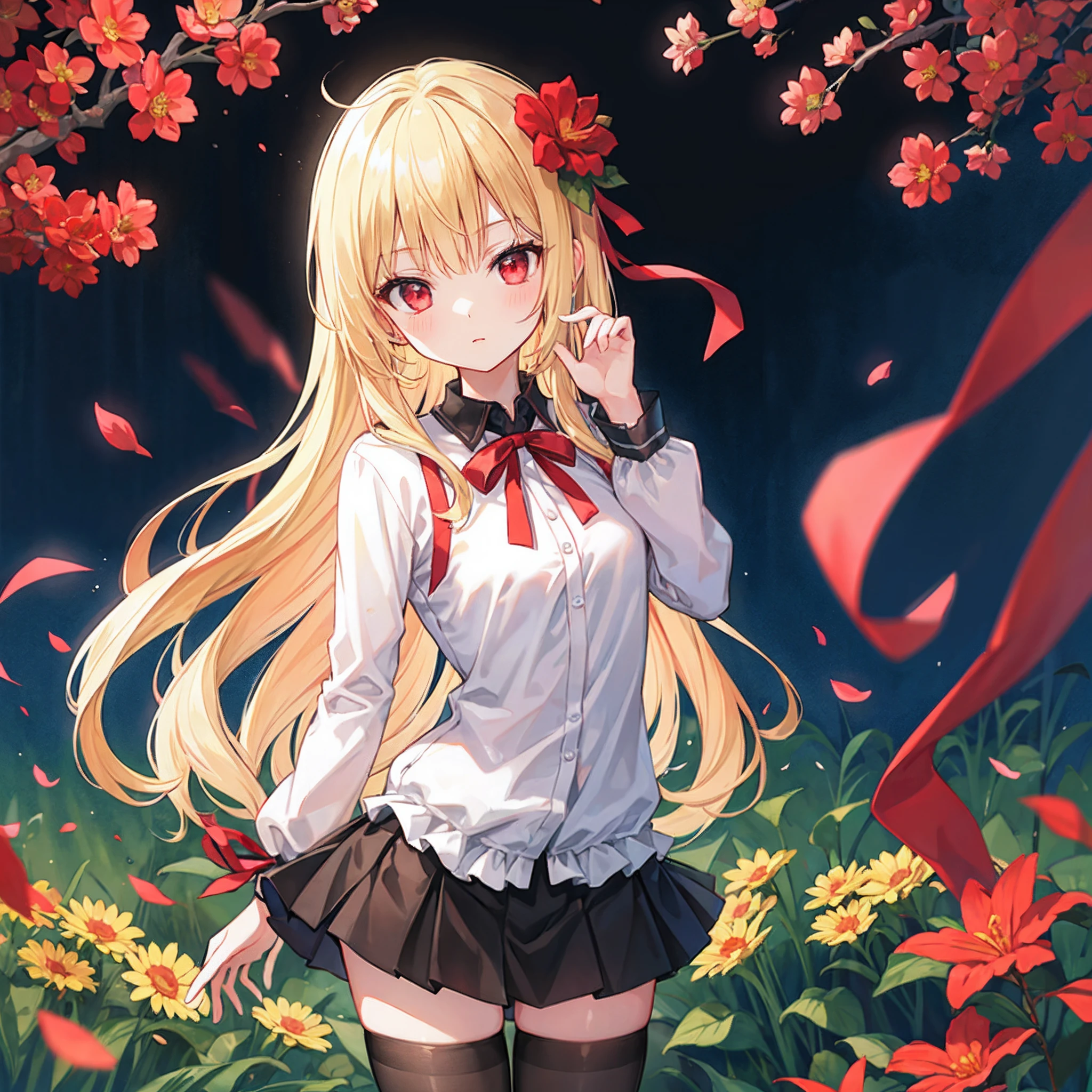 Wavy blonde、Red ribbons、red eyes、Beautiful girl alone、a miniskirt、Black tights、flower field、