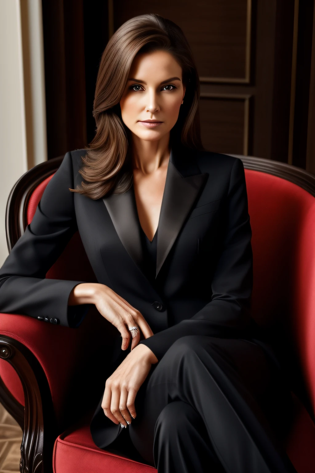 An elegant lady in a tailored black suit, 50 years old, his face illuminated by the light, sitting in an armchair, straight hair, seductive look
