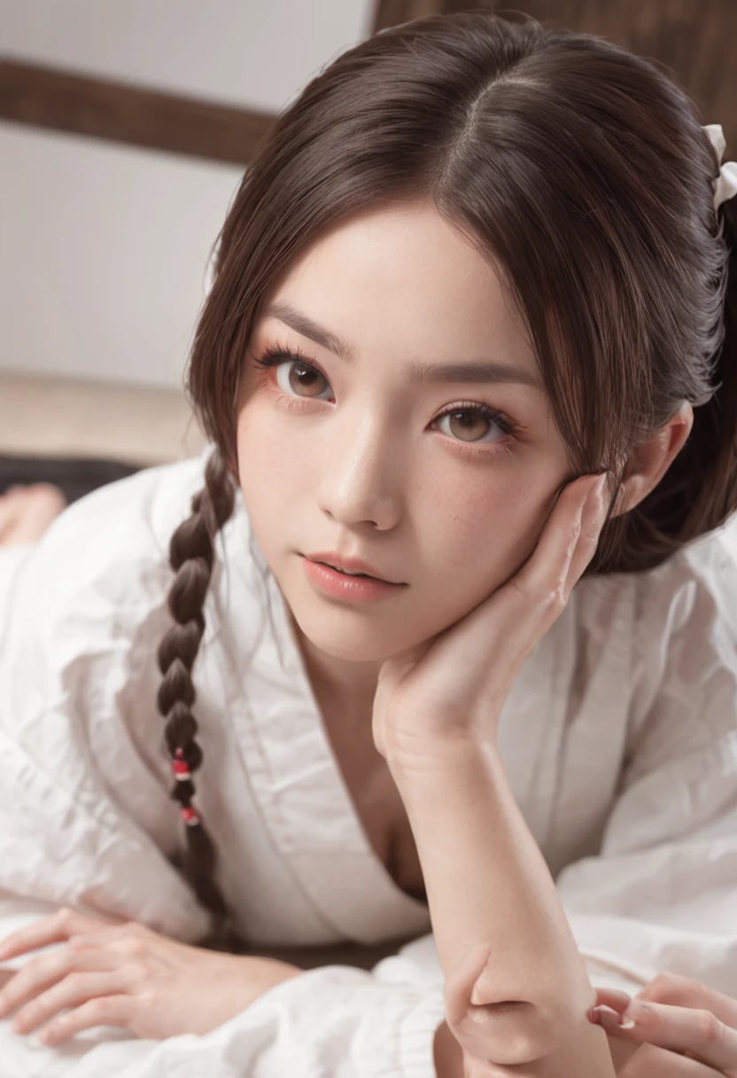 Best quality, masterpiece, ultra high res, (photorealistic:1.4), raw photo, 1girl, offshoulder, at the japanese tatami room, deep shadow, High key, realistic skin, wet hair, intricate light, masterpiece, sunset, white tshirt, big breast, japanese , 4K, twintail hair, look at viewer