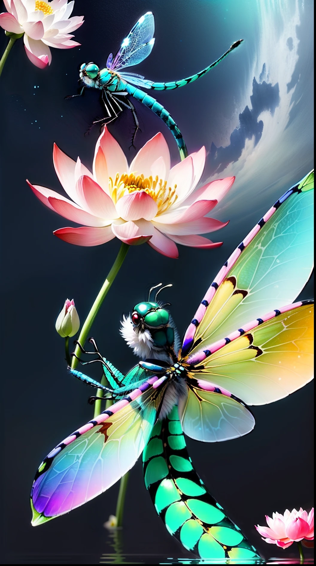 Dragonfly dynamic diagram The whole body is blue-purple Aesthetic Countless dragonflies fly in the sky Some dragonflies will fall in the water There are lotus flowers in the water Some dragonflies fall on pink lotus flowers Beautiful