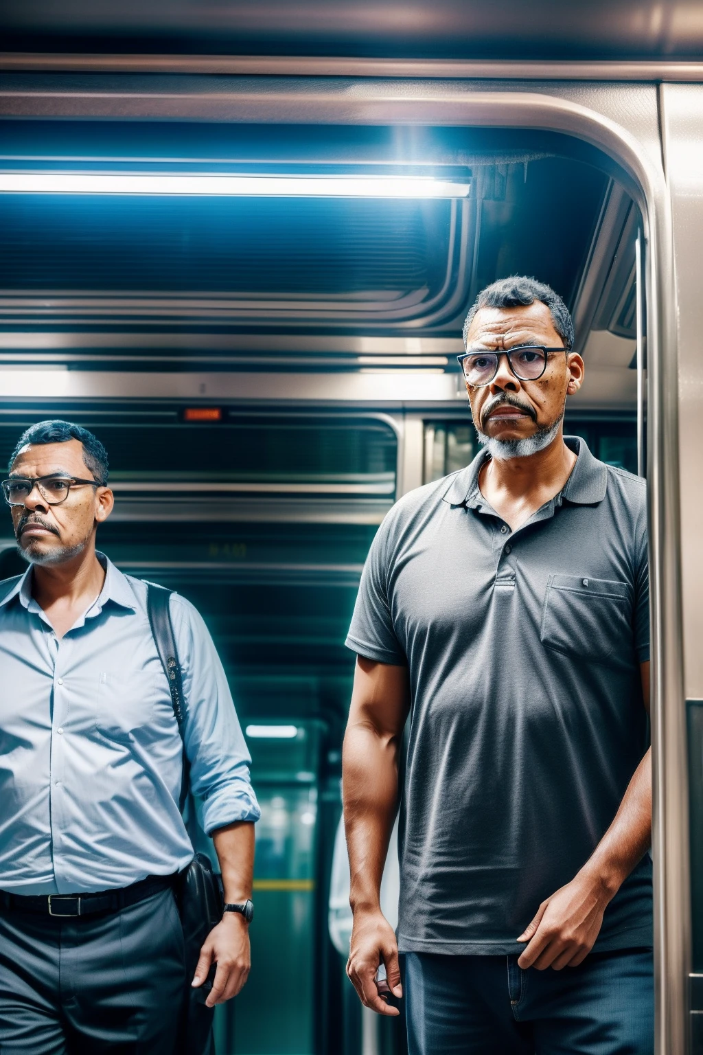 guttonerdvision14, Crie uma imagem excepcionalmente detalhada e hiper-realista de um homem, wearing glasses, vestido com uma camisa social formal e gravata. He's in the middle of the bustling crowd of a morning subway ride, capturing the essence of the daily life of a worker who depends on public transport. Pay meticulous attention to the precise details of the man's costume and the surrounding passengers. Use Octane rendering for realistic textures and lighting. The resolution should be an impressive 8K, ensuring extraordinary clarity and precision, retratando efetivamente as realidades dos deslocamentos urbanos.