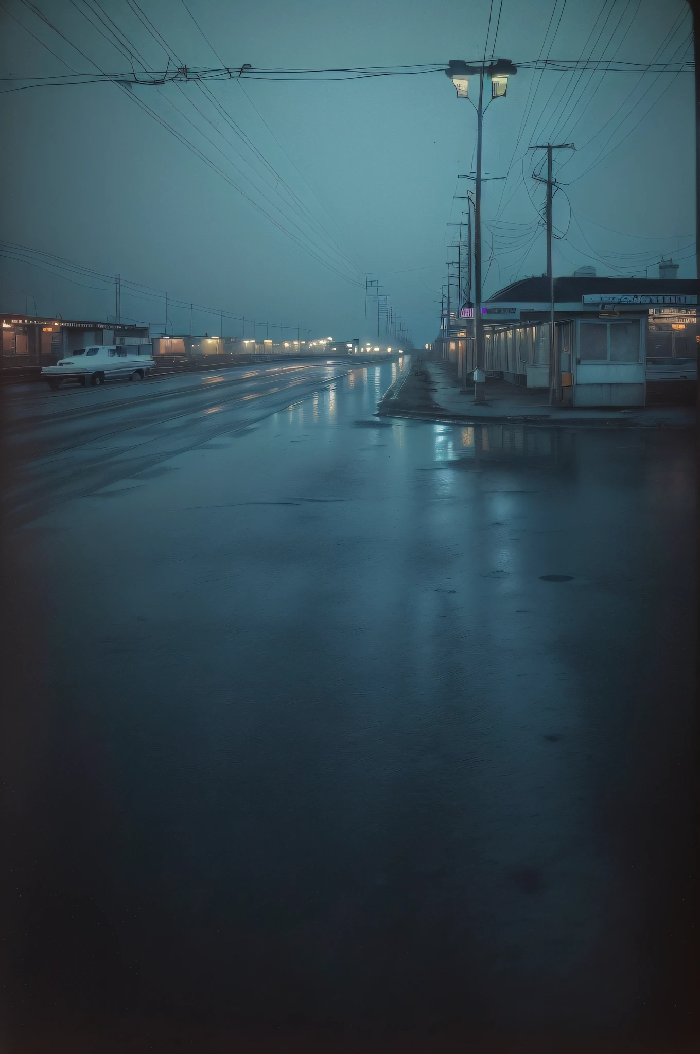 ((deep in the night、mid night、early dawn))、((No person、with no people、unmanned))、((Motel Area、Motels lined up、Less light、streetlights、Sateen、reflection、hazy))、((Nostalgic but unsettling photos、Images in a dream、In a dream、image))、Wide Shot, ultra wide-angle,