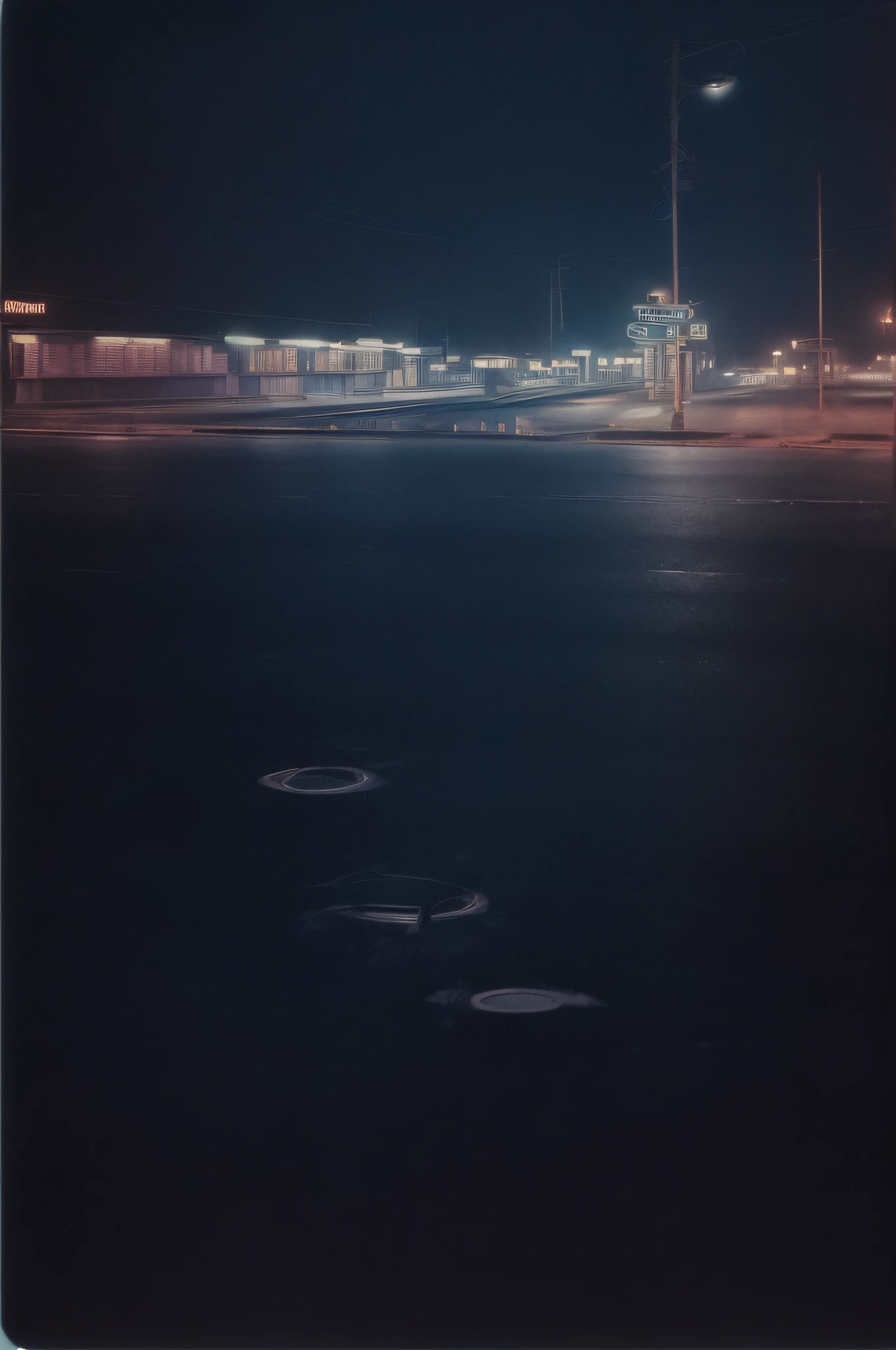 ((deep in the night、mid night、early dawn))、((No person、with no people、unmanned))、((Motel Area、Motels lined up、Less light、streetlights、Sateen、reflection、hazy))、((Nostalgic but unsettling photos、Images in a dream、In a dream、image))、Wide Shot, ultra wide-angle,
