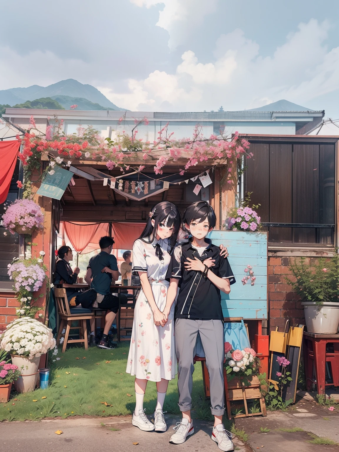 Male and female couples　Girl sitting on a chair wearing a tight skirt over a blouse。Boys hugging each other from behind。Boy in high school long pants uniform with mash cut hairstyle。Without glasses