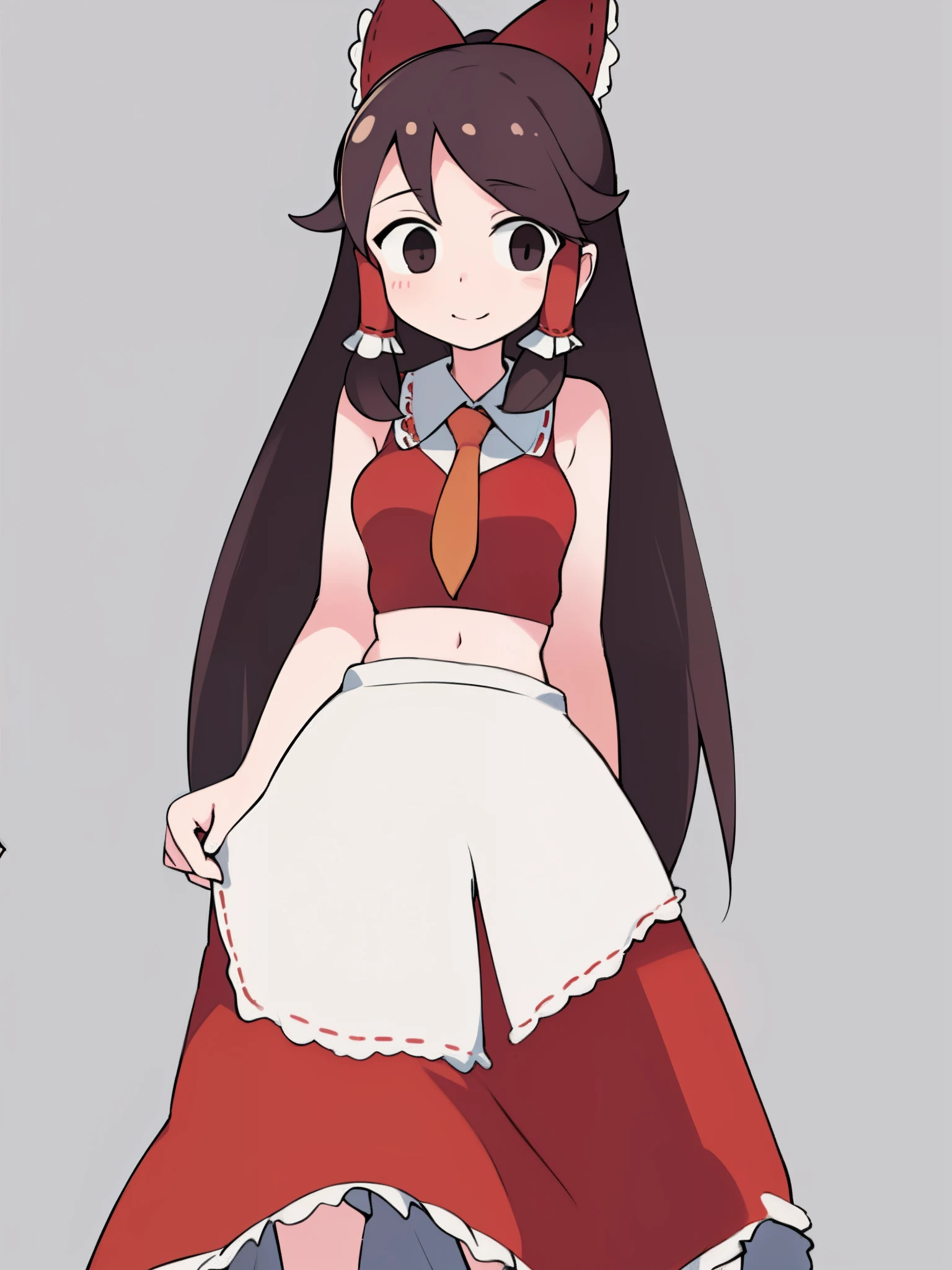 (masterpiece, detailed, high high quality, best quality, official art), 1girl, She's standing over you, solo, miko outfit , red skirt , long shoulder less sleeve, blue necktie, hakurei reimu, brown hair, long hair, black eyes, empty eyes, smile, underskirt, , ant views, perspective, pov from her feet, she's really tall, you're an ant, you're really small, she's a giantess