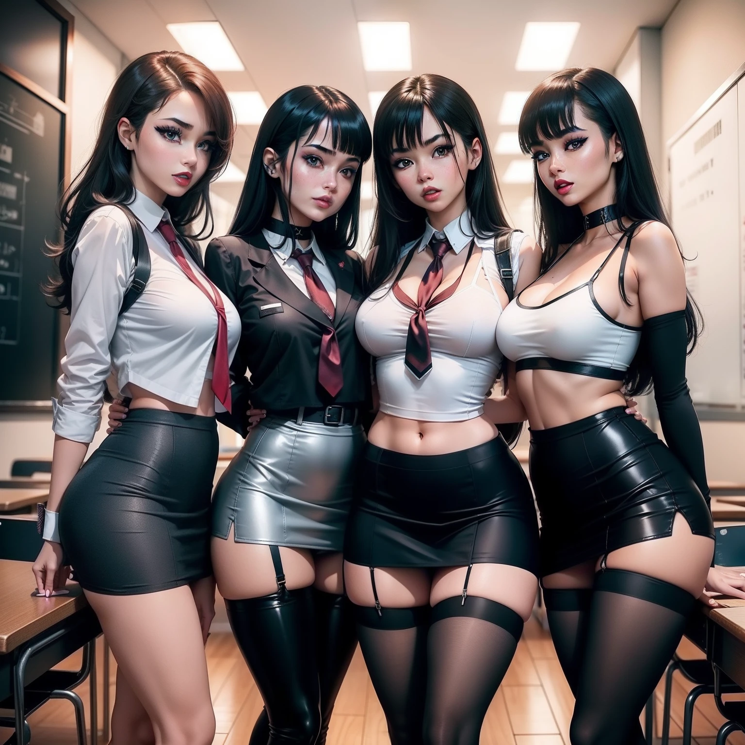 sexy group of girls are inside the classroom, wearing corsaits, miniskirts or tight leggins, stockings with hooks, high heels, stilletoes, long overknee boots, chokers, vivid lipsticks and eyeliner and hard make-up, touching eachother, only females on the picture