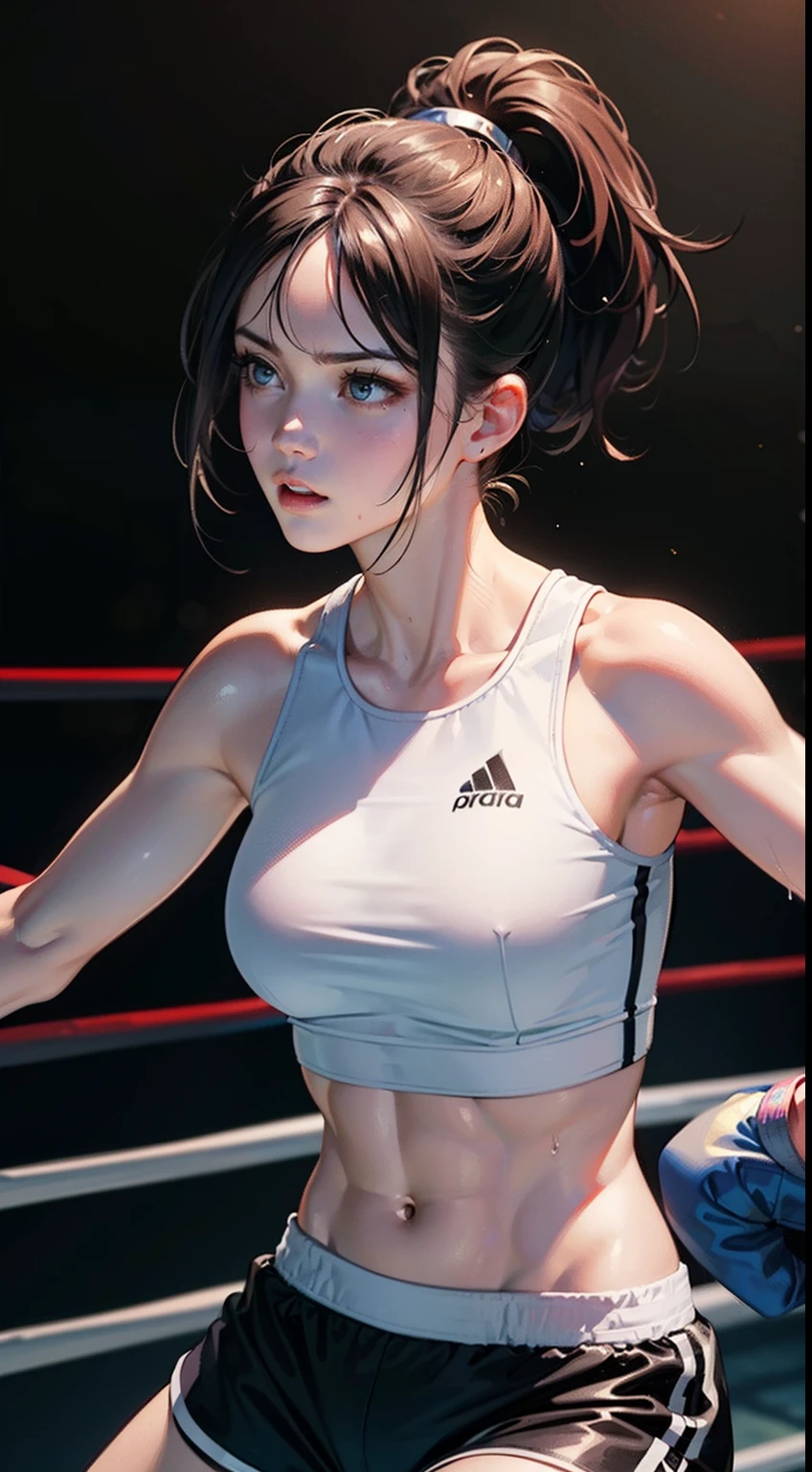 (original) , (very detailed wallpaper) , (best quality) , (masterpiece) , photographic reality, realistic, very detailed illustrations, (1 girl) , beautiful eyes, (delicate face) , perfect detail, (best lighting) , (super complex details) ,
(boxing girl) , (aggressive punching) , sweat, heavy breathing, (oppressive attack) , (boxing ring) , athletic shorts, perfect detail, perfect fingers, perfect limbs, impact, (shiny skin) , abs, muscles, waistline,boxing shorts, fist fight, black hair, high ponytail, very long hair,
4K unified, (super detailed CG: 1.2) , (8K: 1.2) , realistic, octane rendering