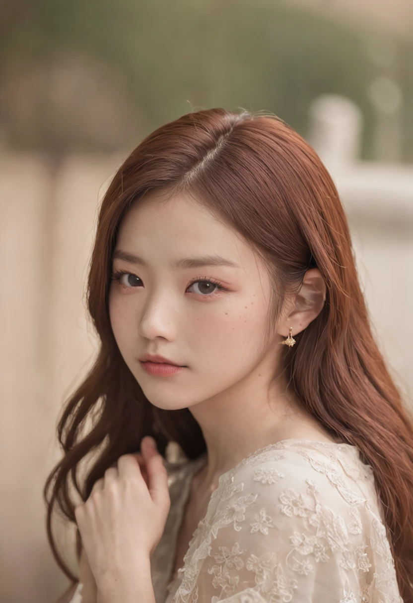An 18-year-old Chinese teenager，Starry eyes，Reddish-brown hair，Close-up of the shot