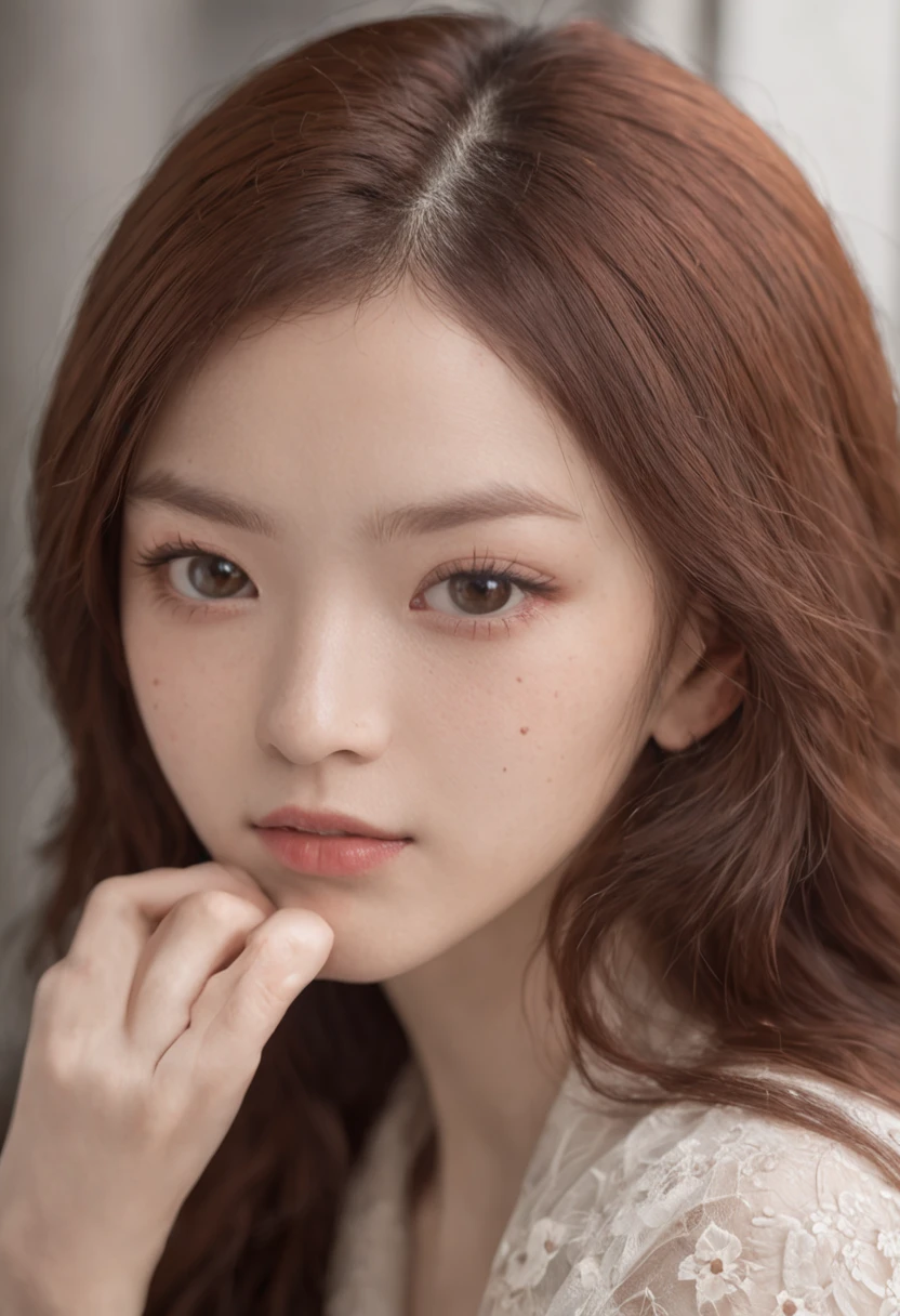 An 18-year-old Chinese ager,Starry eyes,Reddish-brown hair,Close-up of the shot