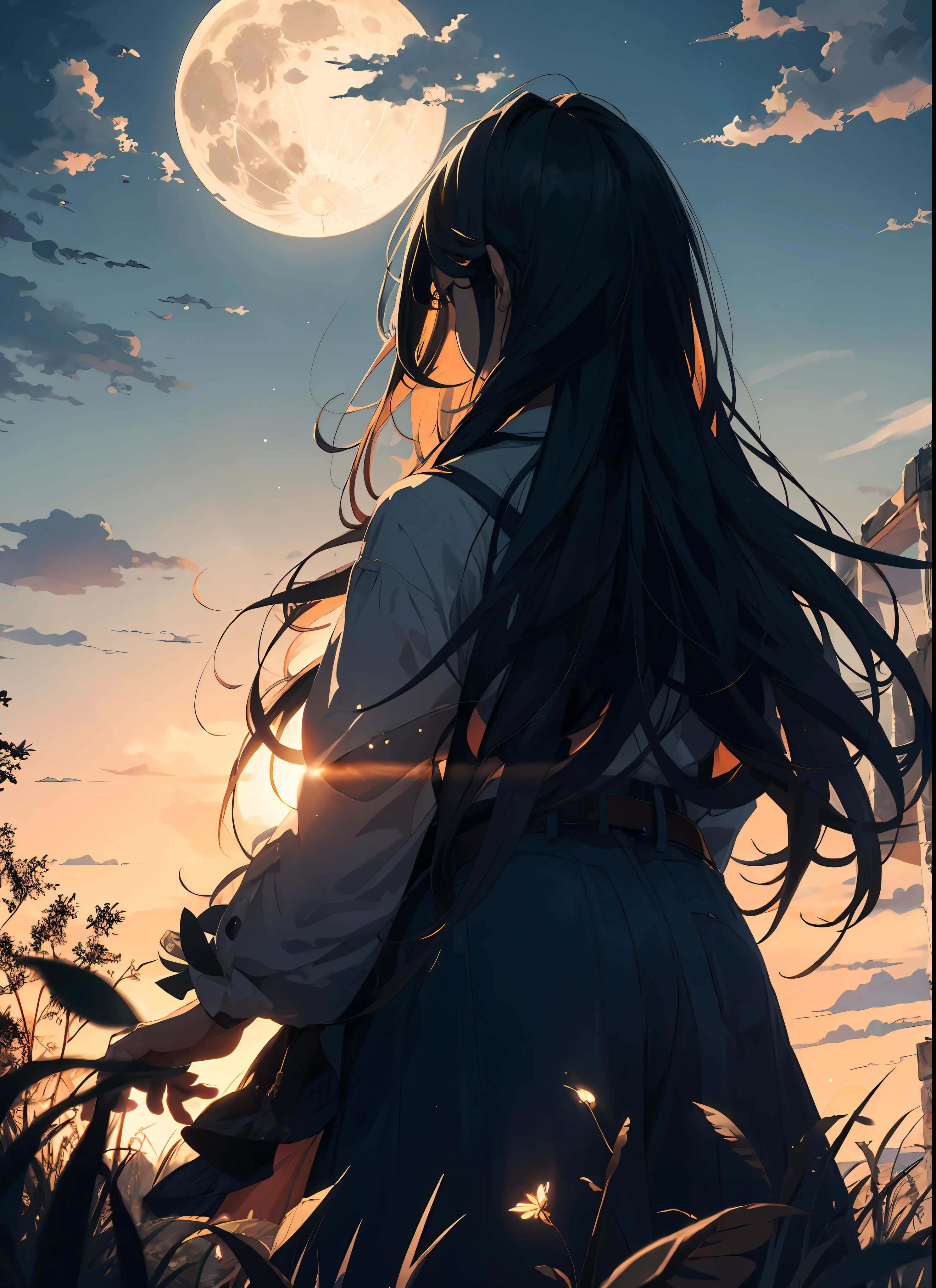 Masterpiece, best quality, night, hills, clouds, full moon, long hair, woman, silhouette, firefly.