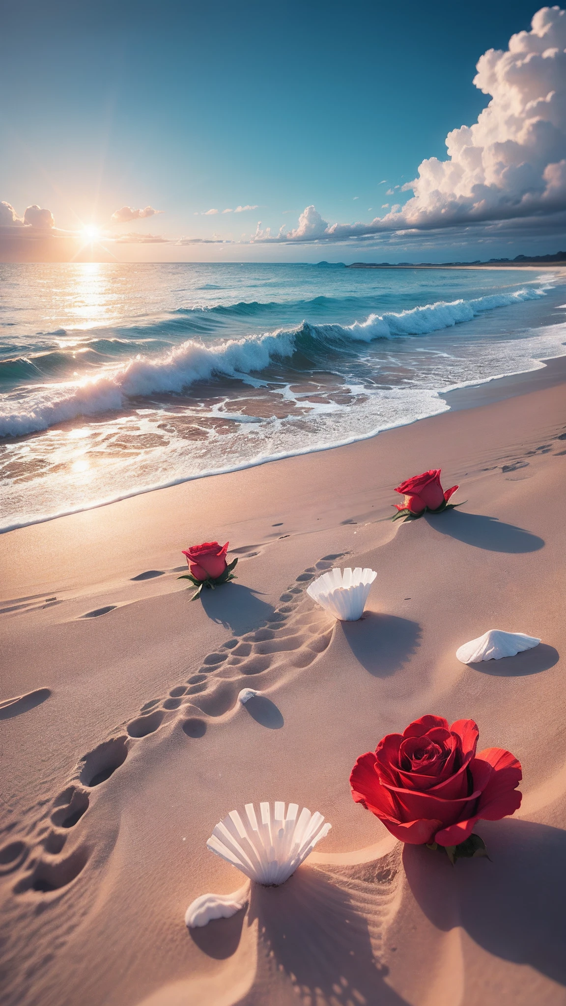 delicate scene,depth of field, 8K, The ivory sky,white clouds,and sunlight shine on the snow-white beach. The coral sea,and many colorful tinny shells on the beach,red roses, roses focus, --auto --s2