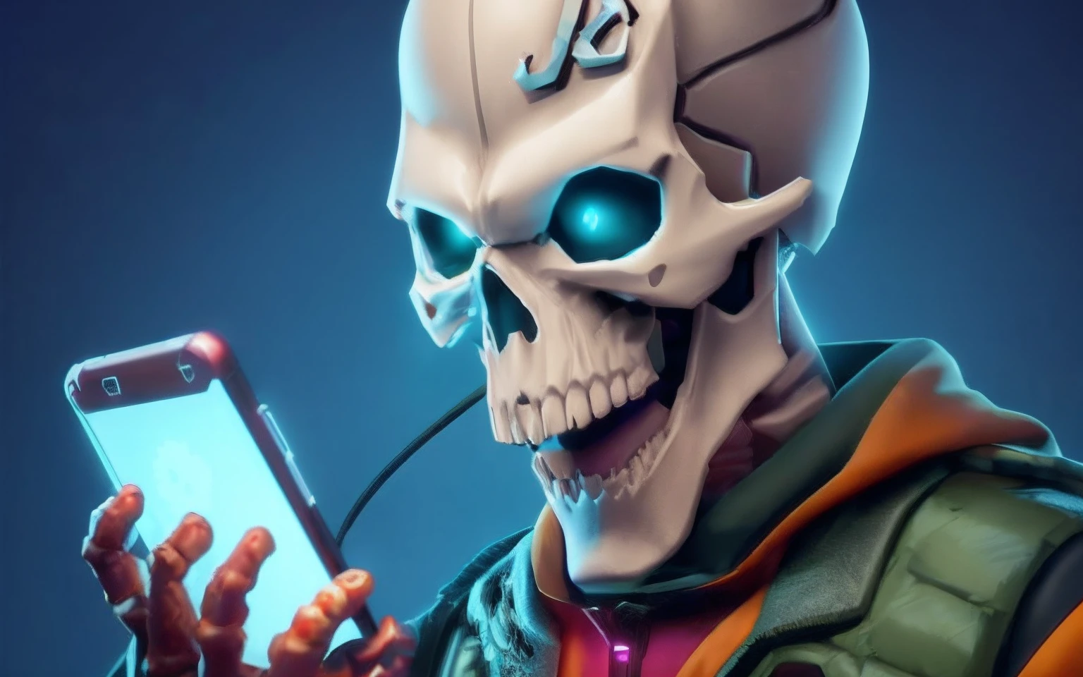 arafed skeleton holding a cell phone with a glowing head, portrait of a cyber skeleton, cyber skeleton, cyberpunk skeleton, background artwork, skull on the screen, cyber skeletons, nychos art aesthetic, spooky cartoon skull, ( ( ( skeleton ) ) ), fantasy skull, digital art render, low detailed. digital painting, detailed digital 3d art
