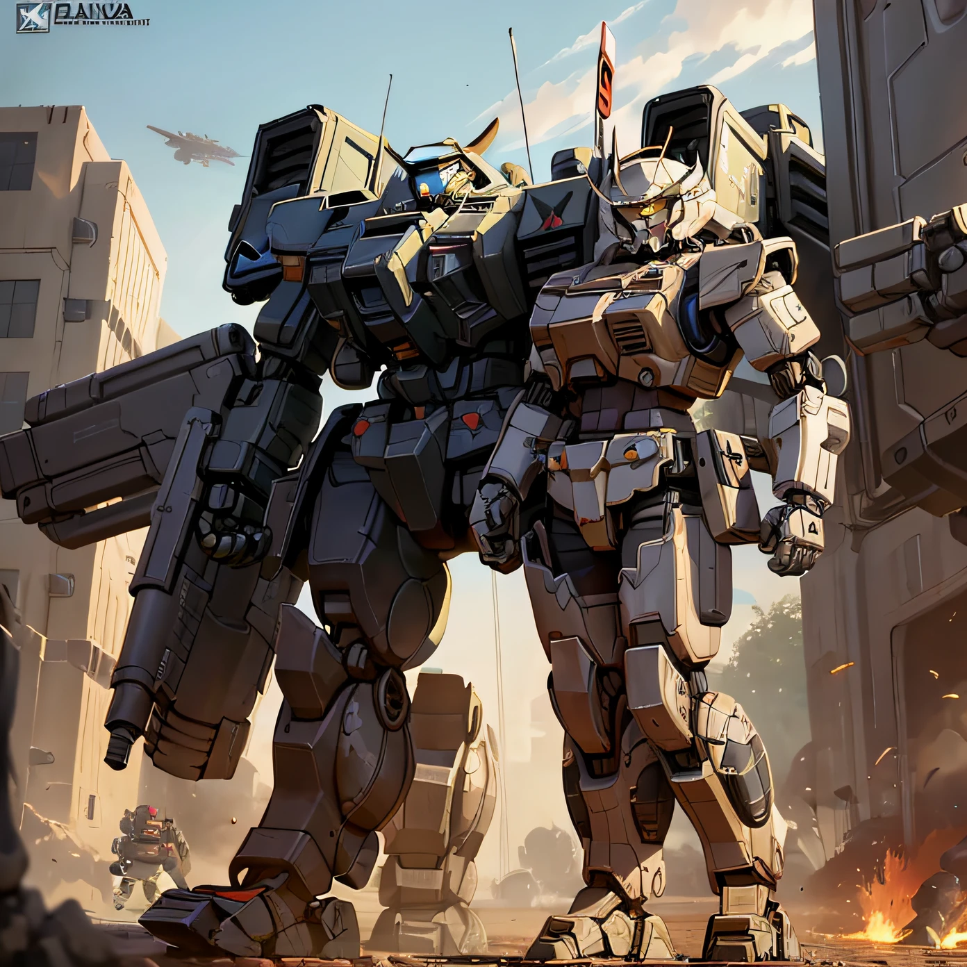 There are two robots that are standing on the ground, Mechs de guerra luchando, Battlemech, Arte mecha, Alejandro Ferra Mecha, Arte Zoids, comic book style battlemech, Alexander Mecha Blanco, Mech de batalla, Lucha de soldados y mech, mecha, Gran mecha, Estilo Cool Mecha, Inspirado en mechas, Arte conceptual de Mech