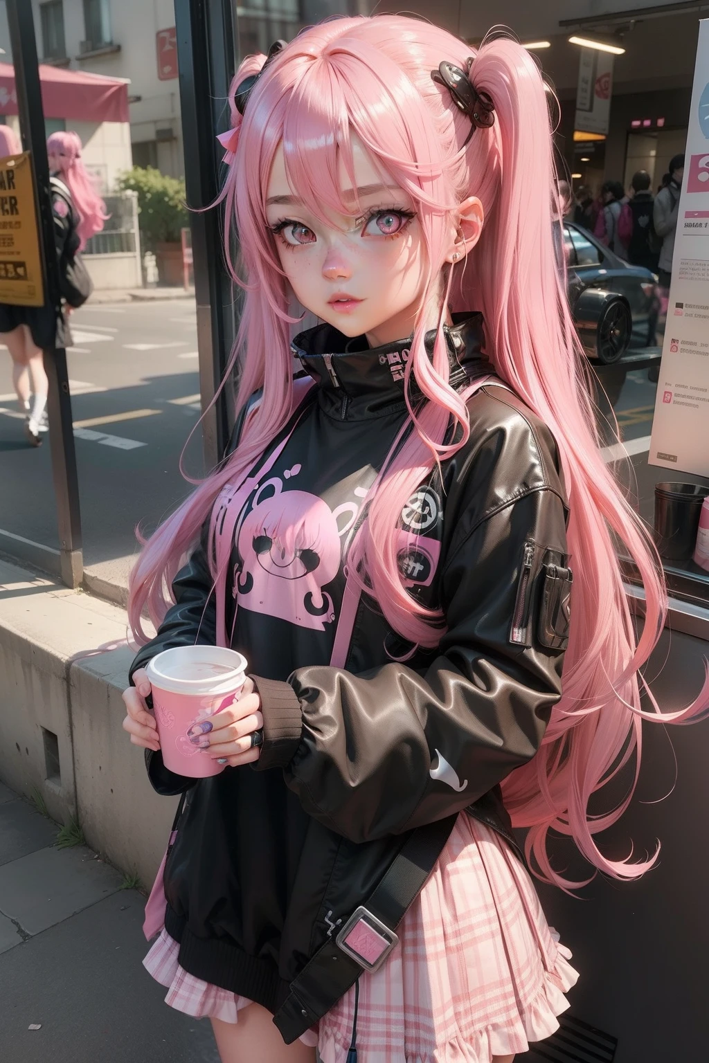Girl 2D Hairpin Selling Cute Pink Hair, Black pupils, A cup, Long hair, Pink pupils,cyber punk perssonage