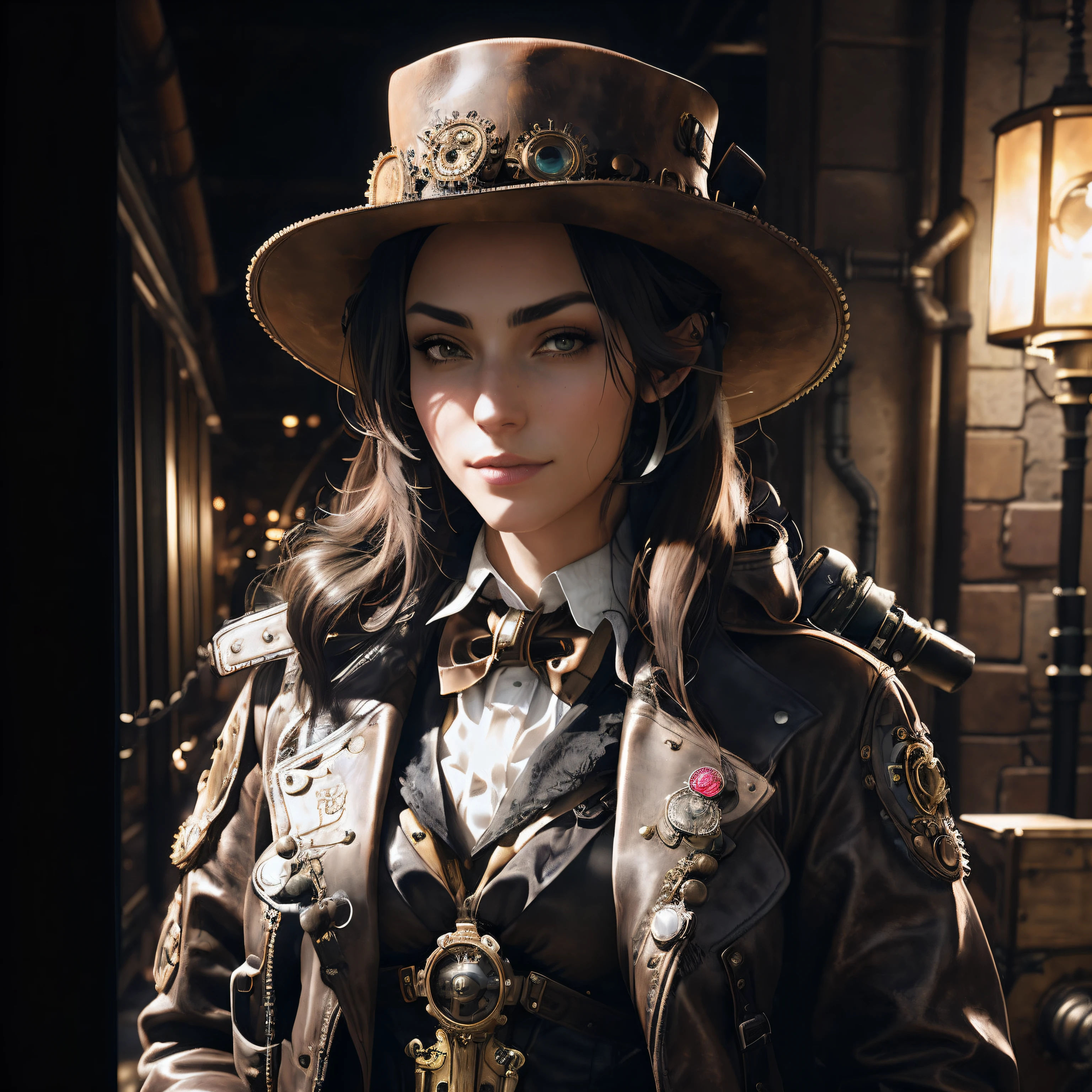 there is a woman wearing a hat and a leather jacket, young girl in steampunk clothes, highly detailed character, closeup portrait of an artificer, 8k portrait render, steampunk fantasy style, wearing steampunk attire, steampunk beautiful anime woman, unreal 5. rpg portrait, 3d rendered steampunk, steampunk aesthetic, steampunk girl, steampunk inventor girl