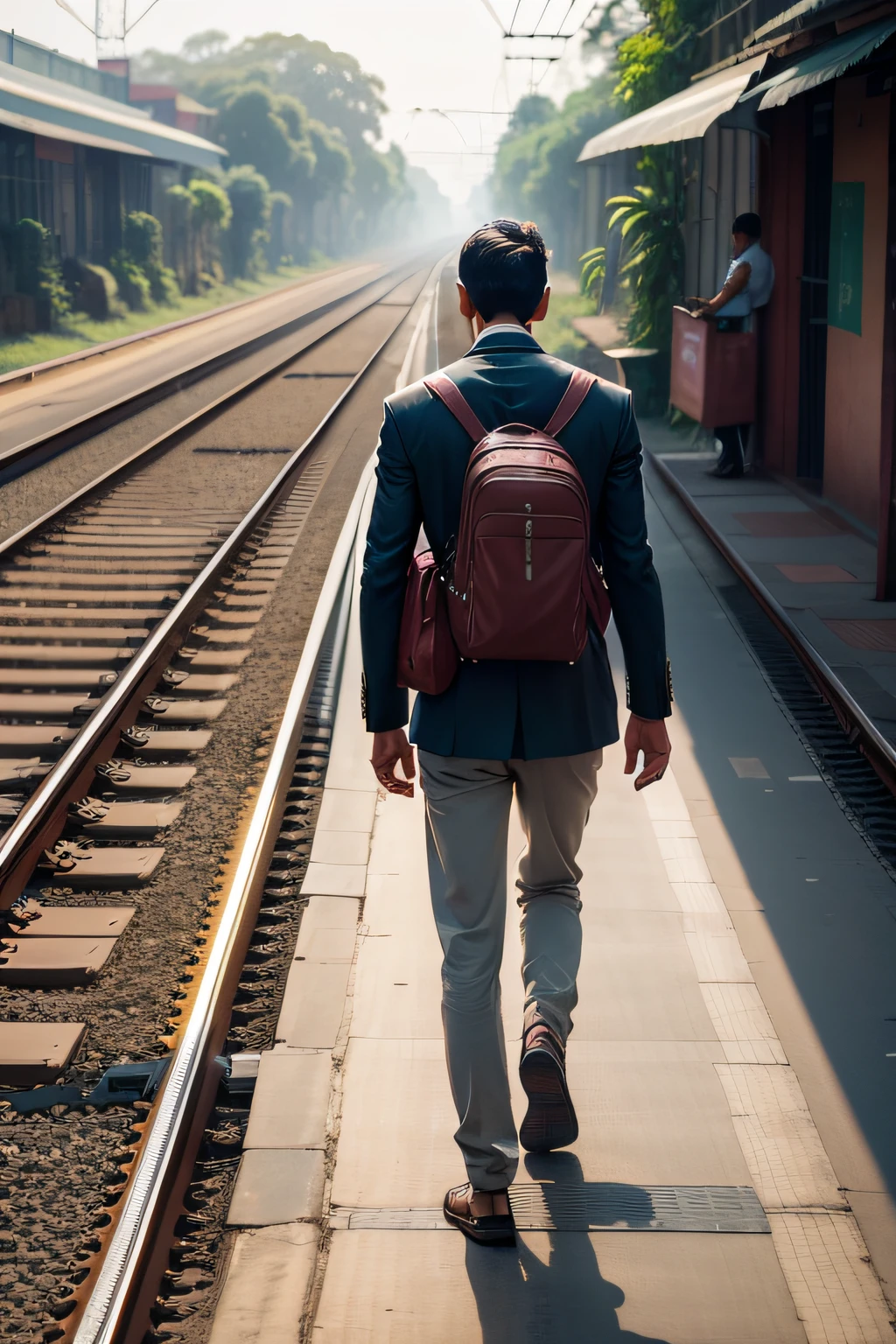 A MAN WALKIN ON RAILWAY IN RAINE DAY