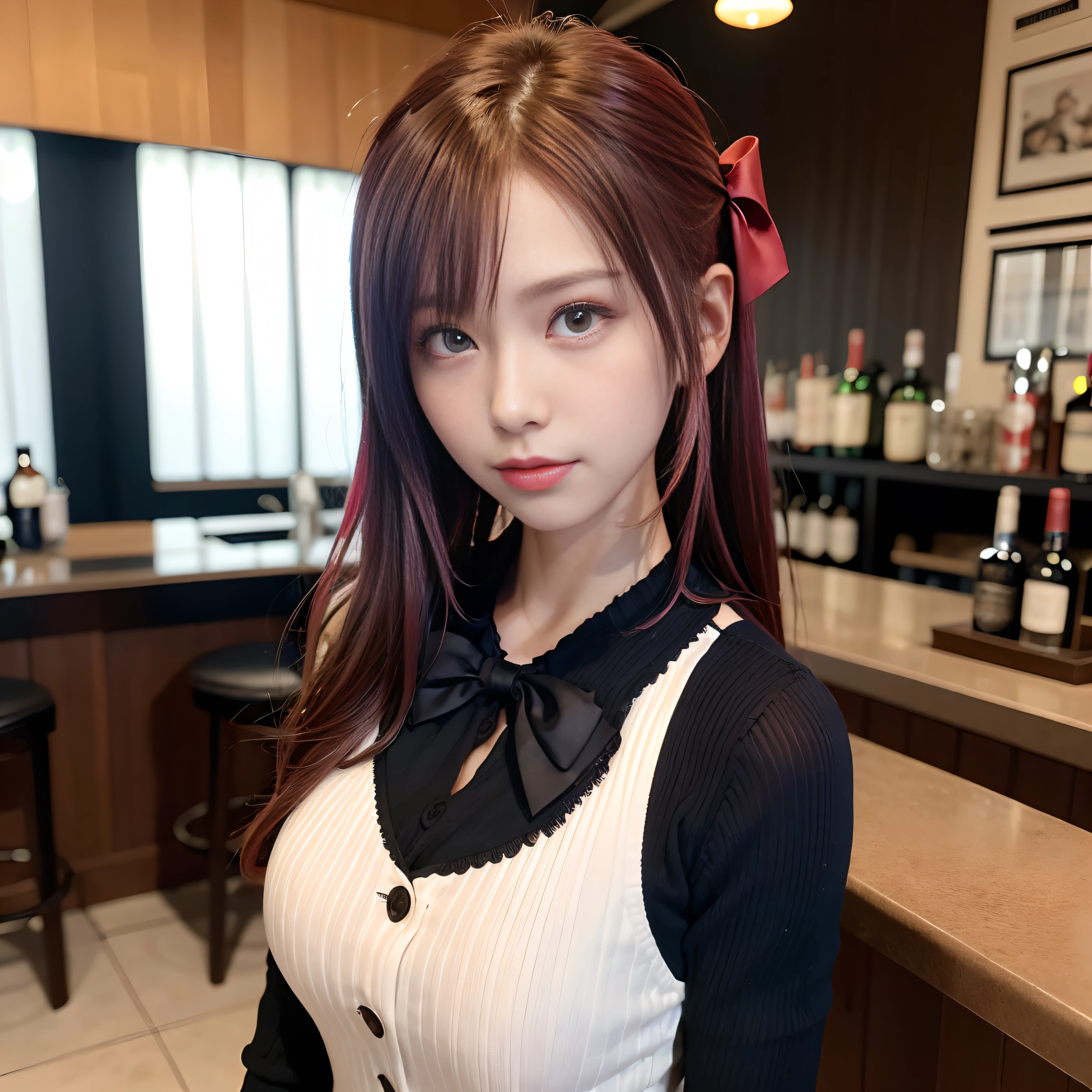 1girl in,Solo,Looking at Viewer,Best Quality,Ultra-detailed,(tatteredclothing_The costume:1.2),Leather,a bow tie,Pink hair,a bar counter,Indoor Yukikaori style