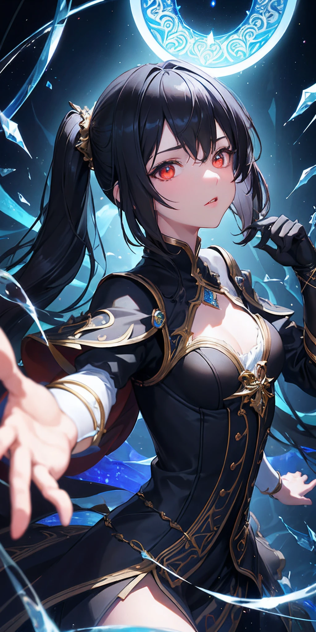 (masterpiece, best quality, super detail, best shadow), (detailed background, dark fantasy), (beautiful detailed face), high contrast, (best lighting, very delicate and beautiful), (cinematic light)), colorful, hyper detail, dramatic light, intricate detail, (one girl, solo, black hair, sharp face, low twin tails, red eyes, hair between the eyes, Dynamic Angle), blood splashes, black lights swirling around the character, depth of field, black light particles, (glass shards), magic circles,