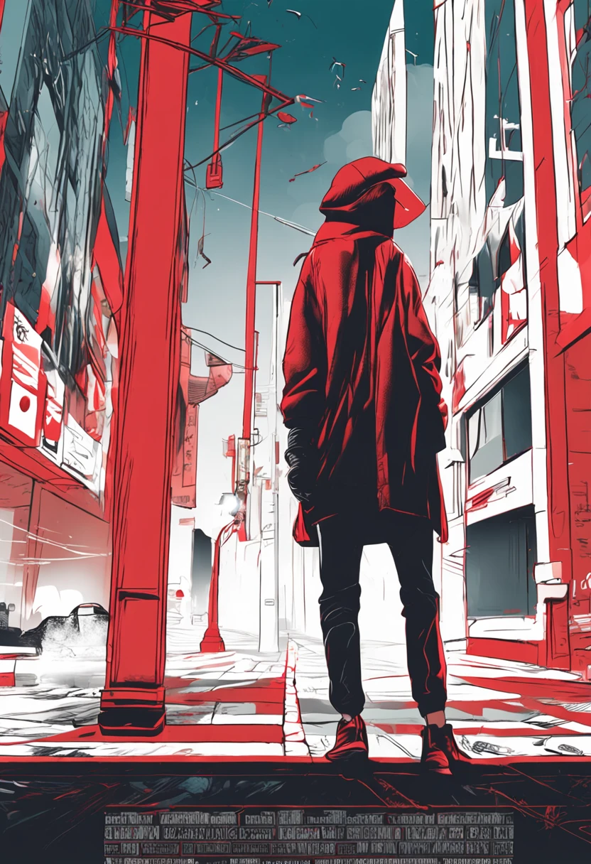 Red sweatshirt Black hat, White mask, Yellow hair, Harmonious body proportions, Walk on the street restrained illustrations