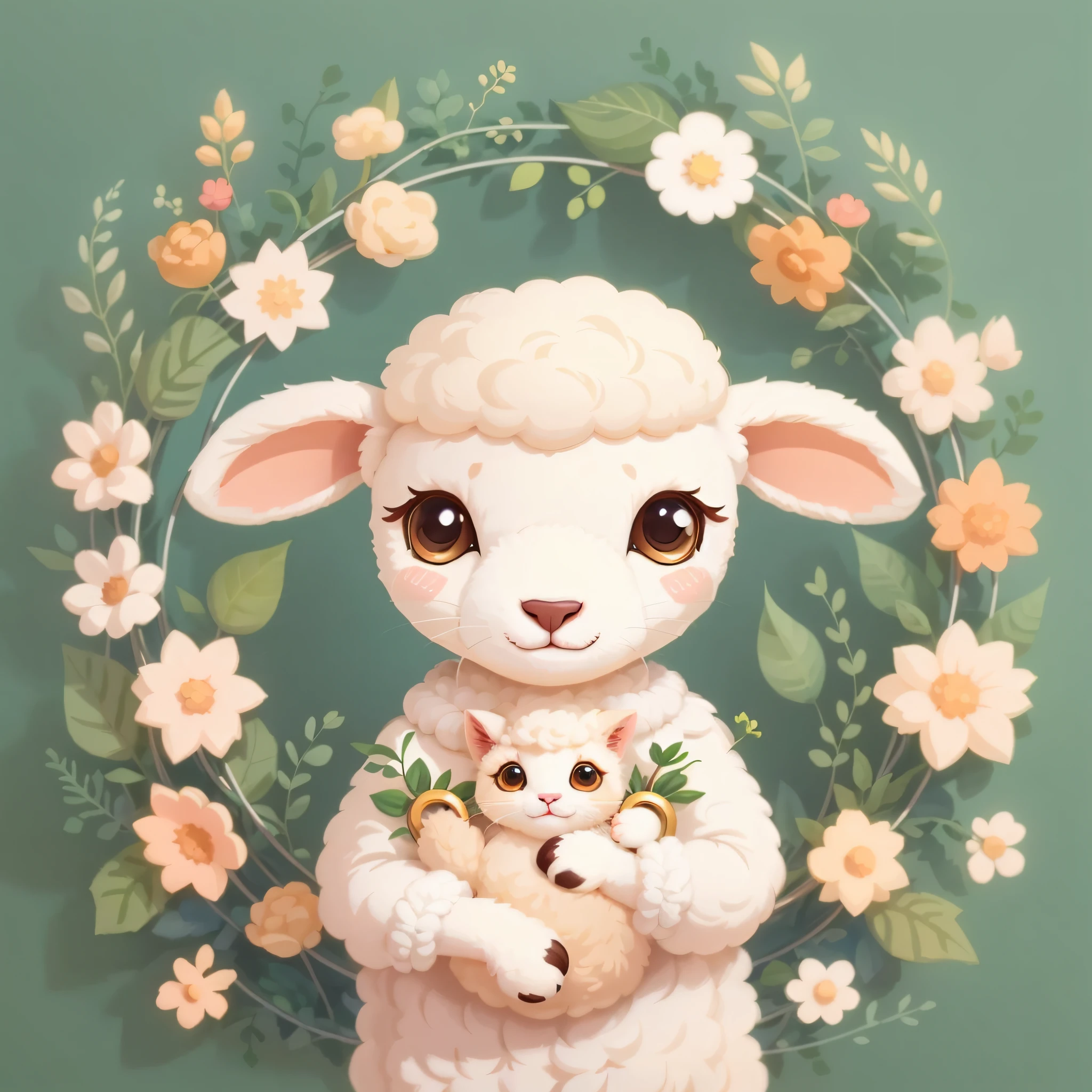 Anthropomorphic (sheeps),Cute,Hoops, plant, Holding a kitten in both hands.,Vector illustration, Flat illustration, illustration, 。.。.ai, trending on artstationh, Popular in dribbling, cozy wallpaper, Intricate, High quality, soothing tones, Intricate details