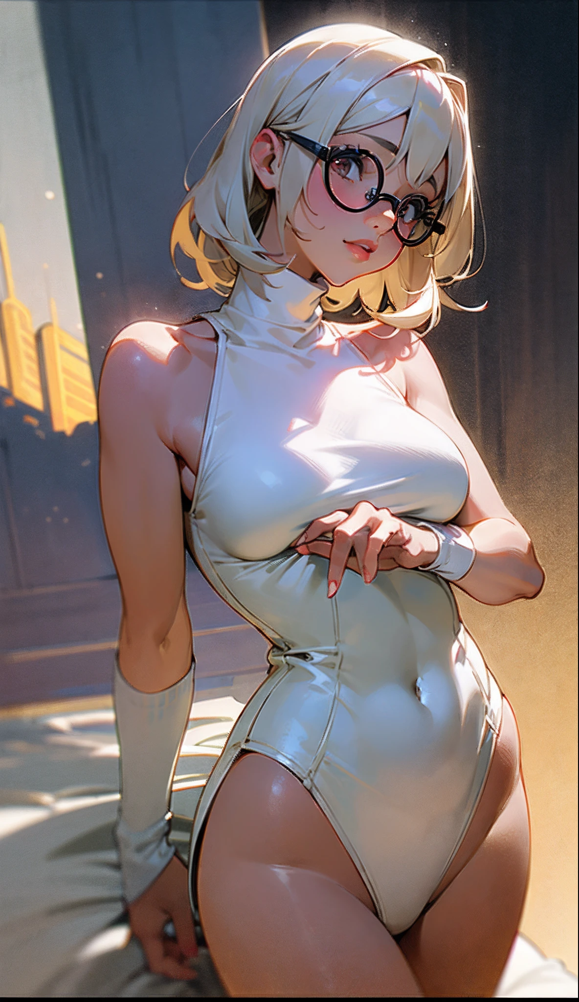 a girl with circle glasses, Tatuado, White sleeveless turtleneck sweater, Long white cotton socks, The lips are slightly open, entreabertos , rosto vermelho, corar, cabelos molhados, Suor por todo o corpo,senta-se em uma cama, seios crocantes, seios empinados, mamilos endurecidos, Convex buttocks, Grab your chest with both hands, Antecedentes detalhados, fundo em perspectiva, Clothing details to perfection, perfeitamente proporcionado, Perspectives of multigrain films, Cores Fuji, contraste de luz e sombra, master part, alto detalhe, detalhes complexos, luz natural lateral baixa, alta qualidade, retroiluminado, cinematic lighthing, 8k, pele texturizada, volume e profundidade de textura, super detalhe, detalhe fino,