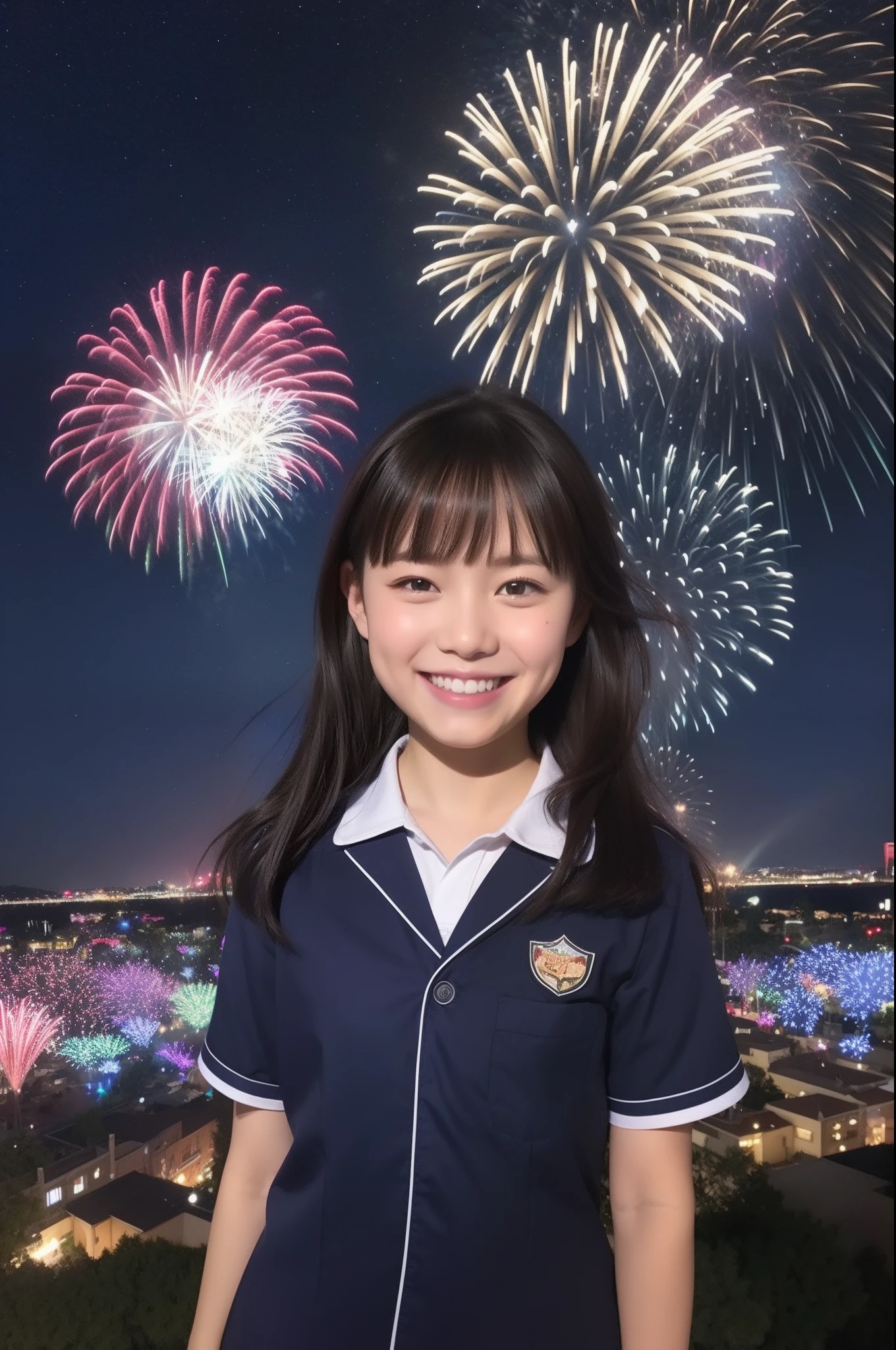 A smile、hi-school girl、校服、shortsleeves、Disney land、While doing fireworks、starrysky、Aurora