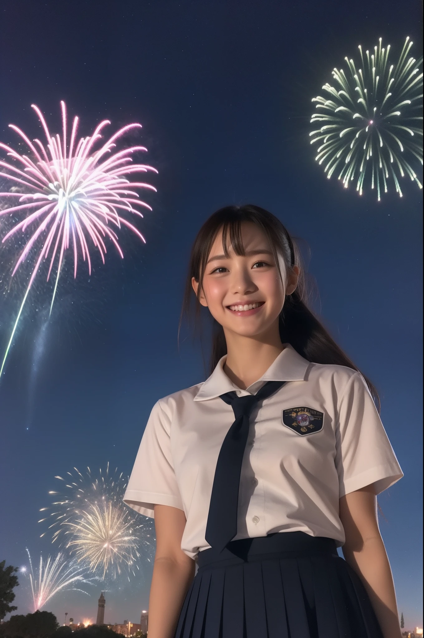 A smile、hi-school girl、校服、shortsleeves、Disney land、While doing fireworks、starrysky、Aurora