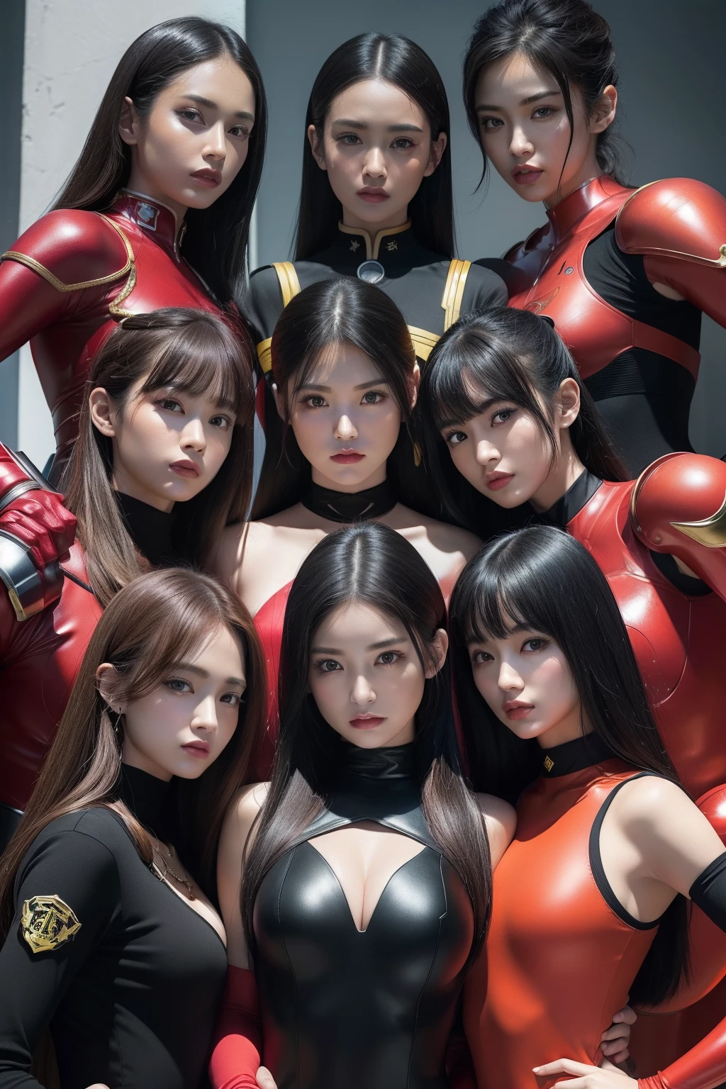 Outrageous resolution、hight resolution、(​masterpiece:1.4)、ultra-detailliert、Crisp details、Dramatic and photorealistic pictorial art、Super Sentai Series、All in black bodysuit（reddish、verdant、A black、amarelo、pink there、Fivesome）Righteous heroes、