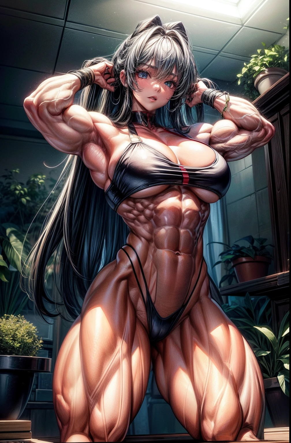 (BEST lighting) , (ultra intricately detailed) , 4K unification, (super-detailed CG: 1.2) , (8K: 1.2),(Original), (Masterpiece) , (Best quality),(Masterpiece:1.4),Anime-ish high quality,(Masterpiece),Masterpiece, Super clear picture quality,Clearer than movies,(Fine face)Best quality, absurderes,((masterpeace, 4K, 8K, Yes, A high resolution))1girll, schoolgirls,She was in the garden,Ten strong abs,standing on your feet,Exposing the abdomen, Crop topping,There are bulges of dense veins on the arms,Spring, Boots, Perfect figure, Long silver hair, Dynamic pose,Legs exposed,Strong leg muscles ((body builder:1.5)),Spring Garden,(Beautiful bace),(Girl),(Female),(((Upper body:1)))